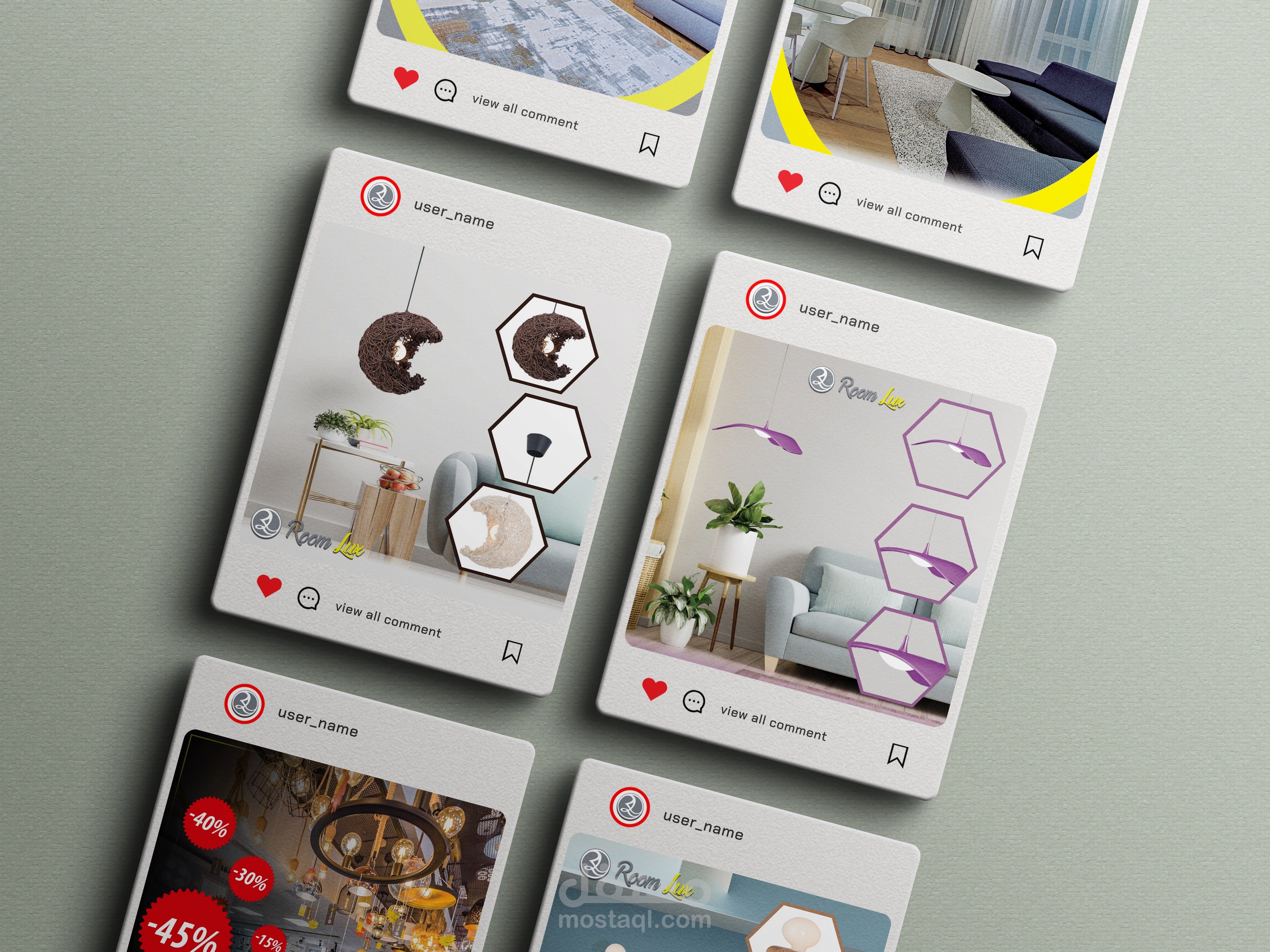 تصميم منشورات وسائل التواصل الاجتماعي لمتجر بيع الديكورات والمصابيح