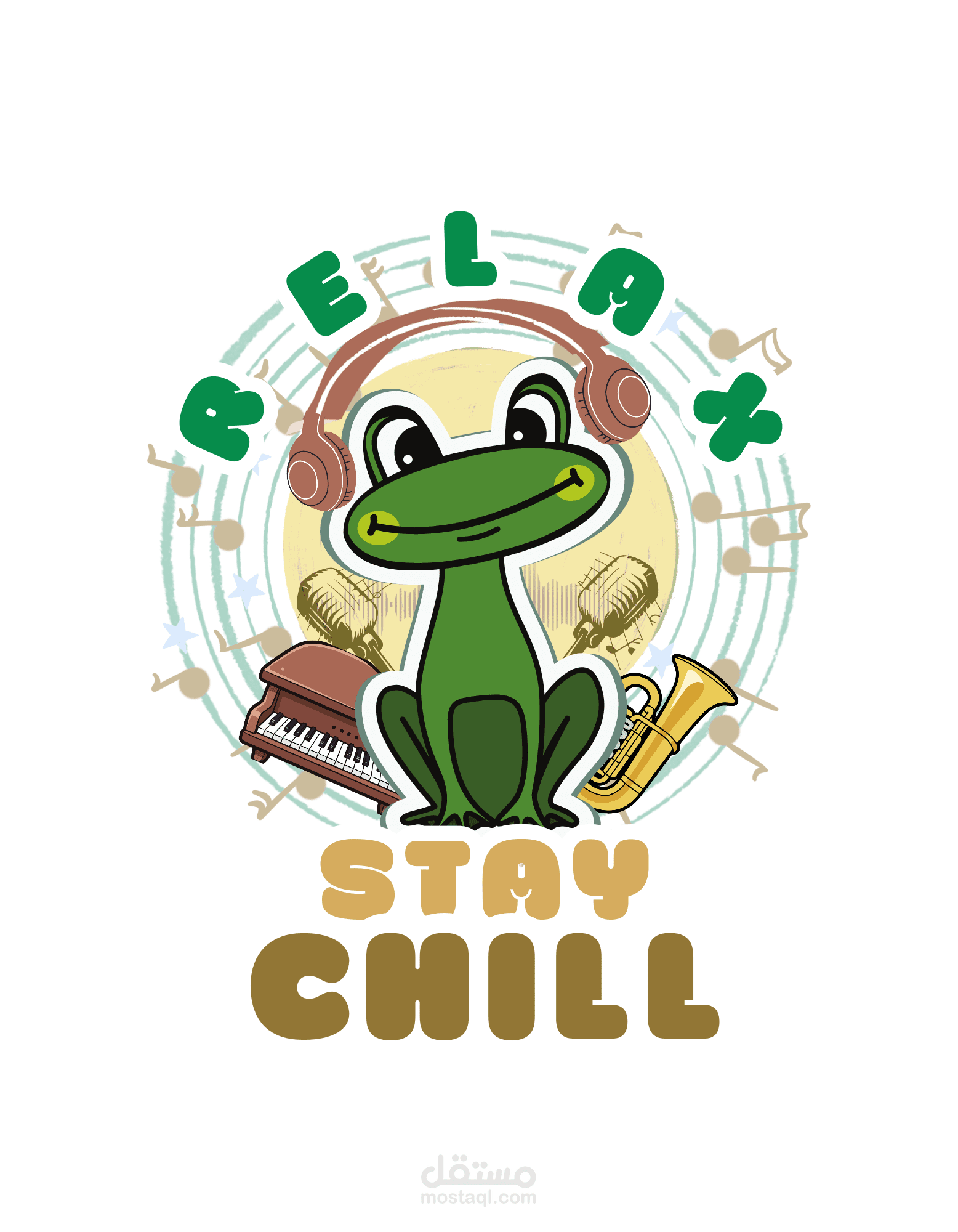 تصميم تيشيرت كرتوني احترافي لمحبي الموسيقى | Relax Stay Chill T-Shirt Design