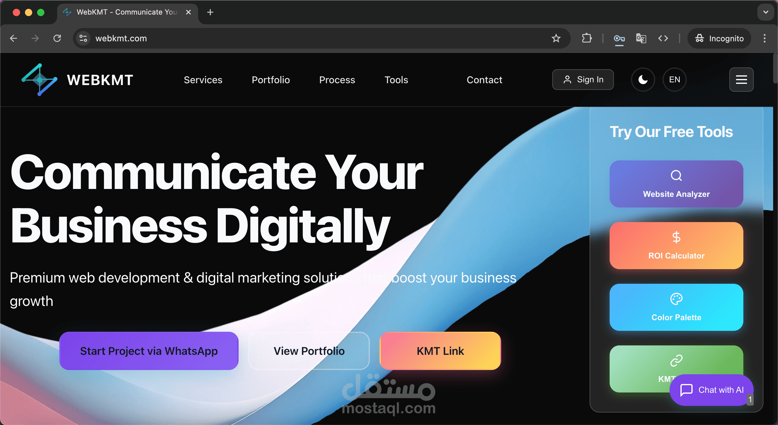 برمج full-stack لموقع وكالة رقمية يقدم خدمات تطوير وتحليل مواقع، أدوات تفاعلية، وتسويق رقمي باستخدام React/Vue