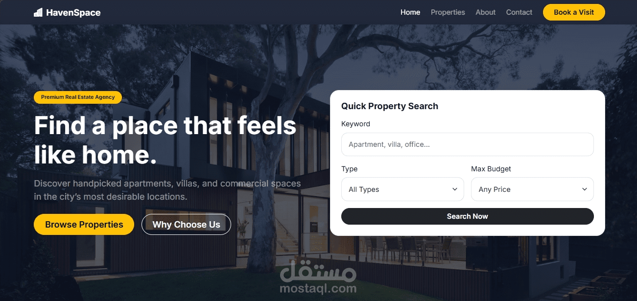 واجهة برمجية لمنصة HavenSpace للعقارات – موقع وكالة عقارية حديثة
