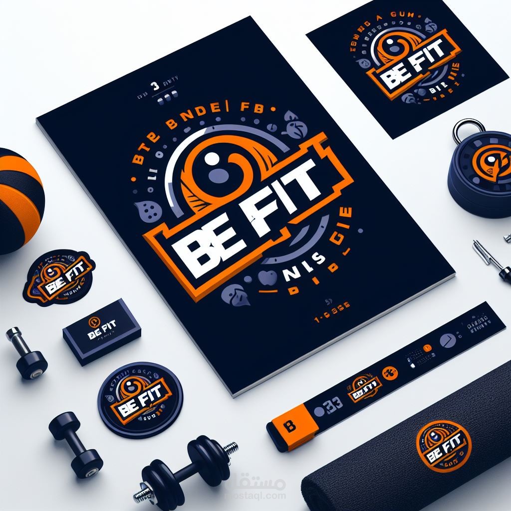 An advertisement for designing an identity and logo for Brand Be Fit, which is about the group of gym centers