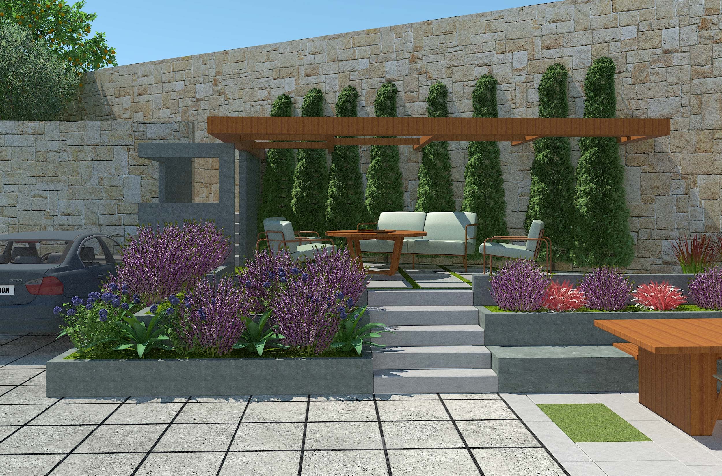 تصميم الحديقة الامامية مع BBQ لفيلا سكنية