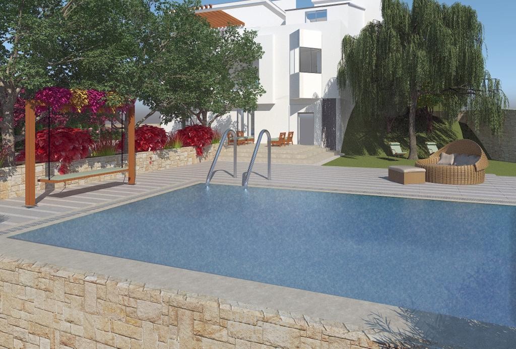 تصميم حديقة مع حوض سباحة و مساحة مخصصة للاحتفالات