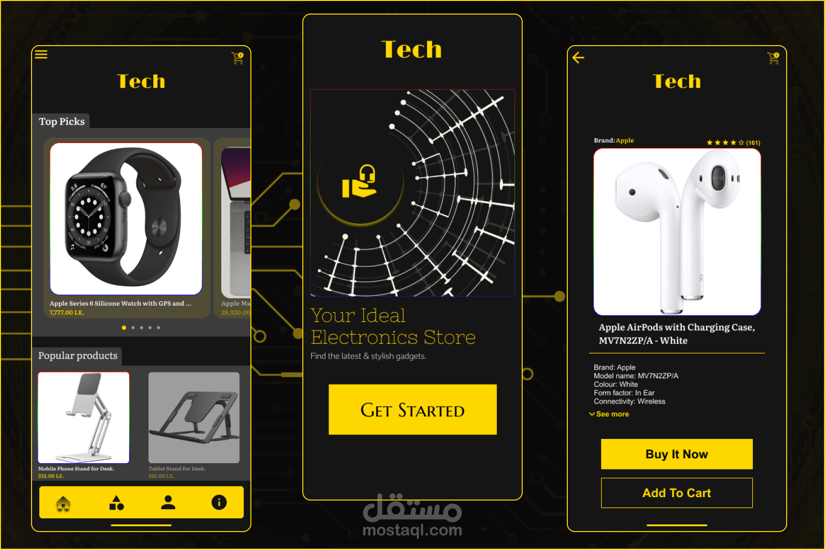 تصميم واجهة مستخدم تطبيق اندرويد لتطبيق متجر الكترونيات Tech.