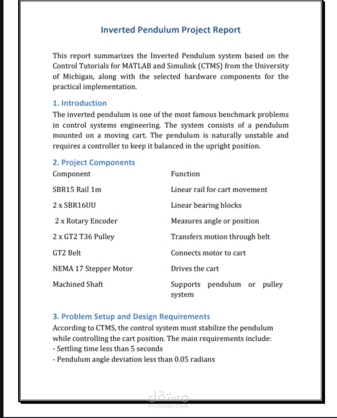 إعداد وترجمة تقارير هندسية متخصصة (مشروع نظام التحكم للبندول المقلوب - Inverted Pendulum
