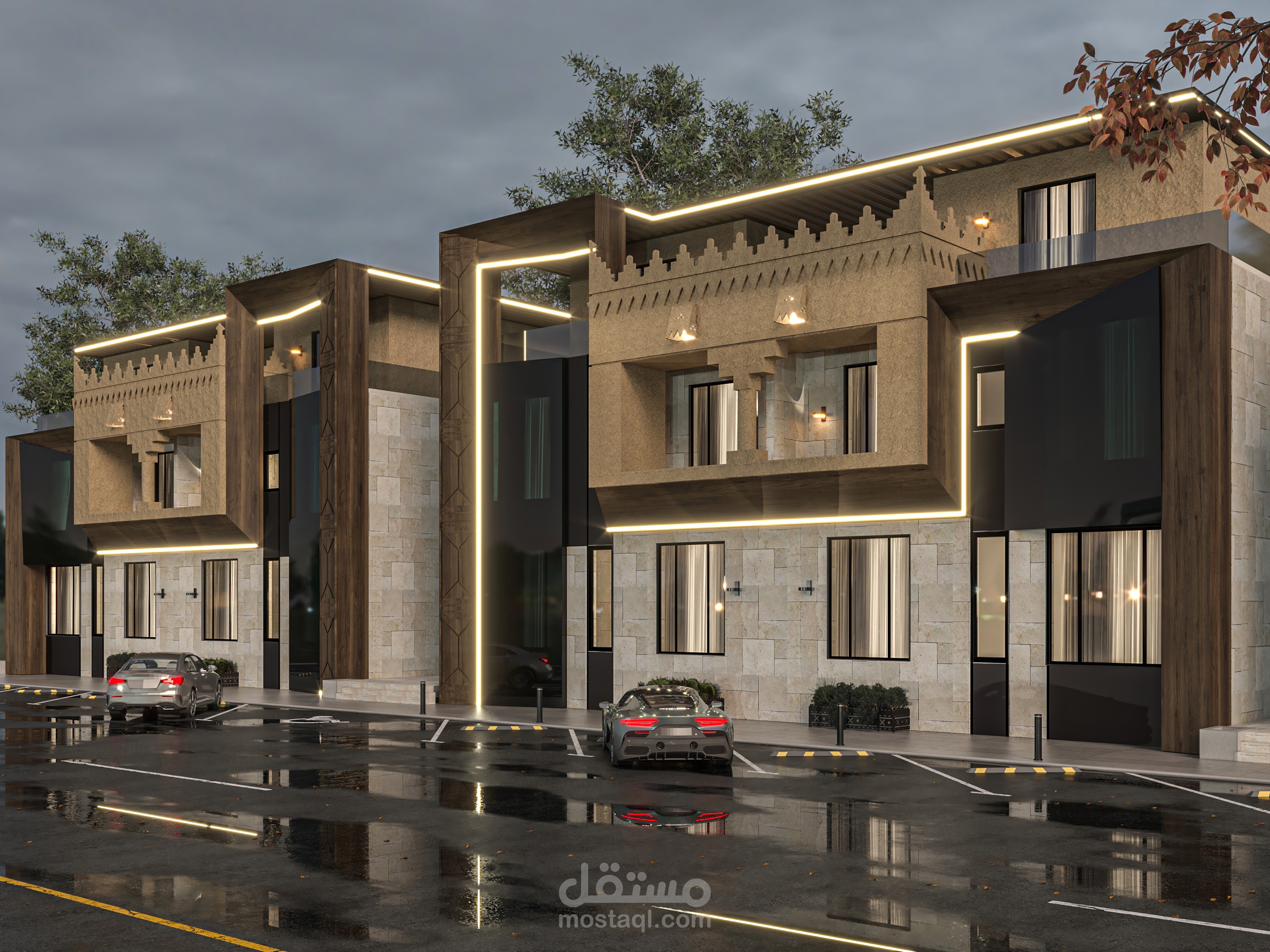 تصميم واجهه مودرن مدمجة بالطراز النجدي بالسعودية