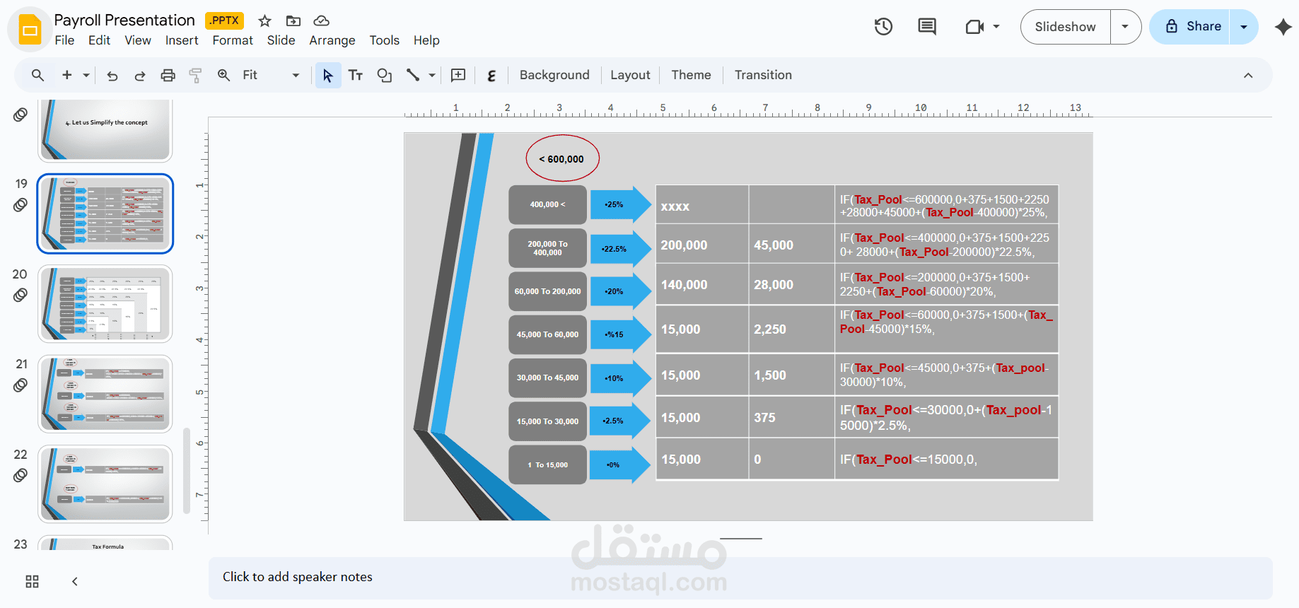 عمل مادة تدريبية وشرح حساب ضريبة الرواتب وتطبيقها على الإكسيل