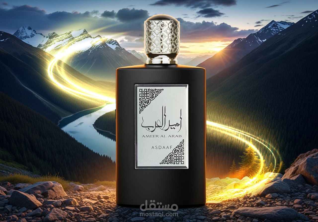تصميم إعلان بصري فاخر لعطر رجالي