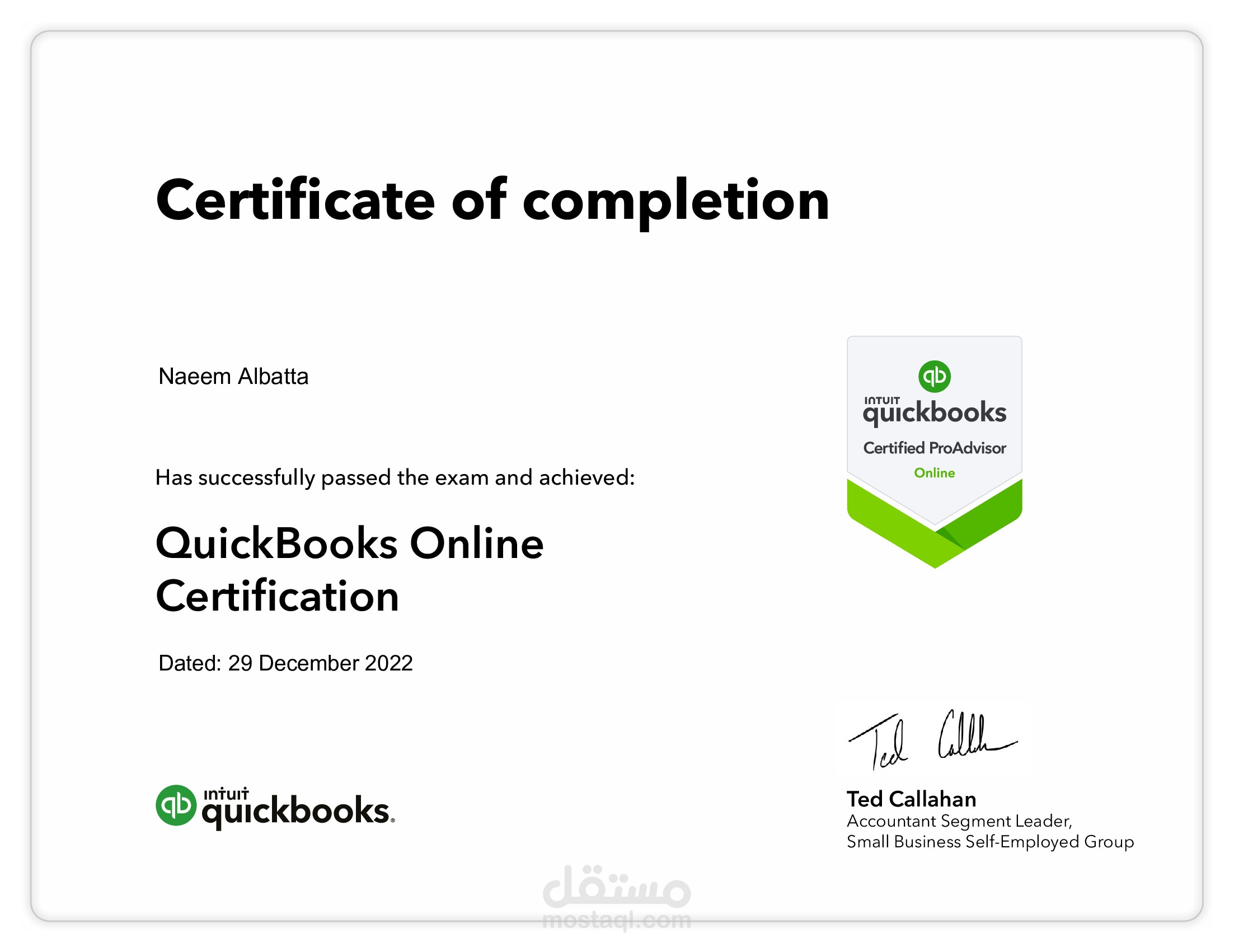 حاصل على شهادة معتمدة من برنامج كويك بوكس المحاسبي ( َQuickBooks Online ProAdvisor )