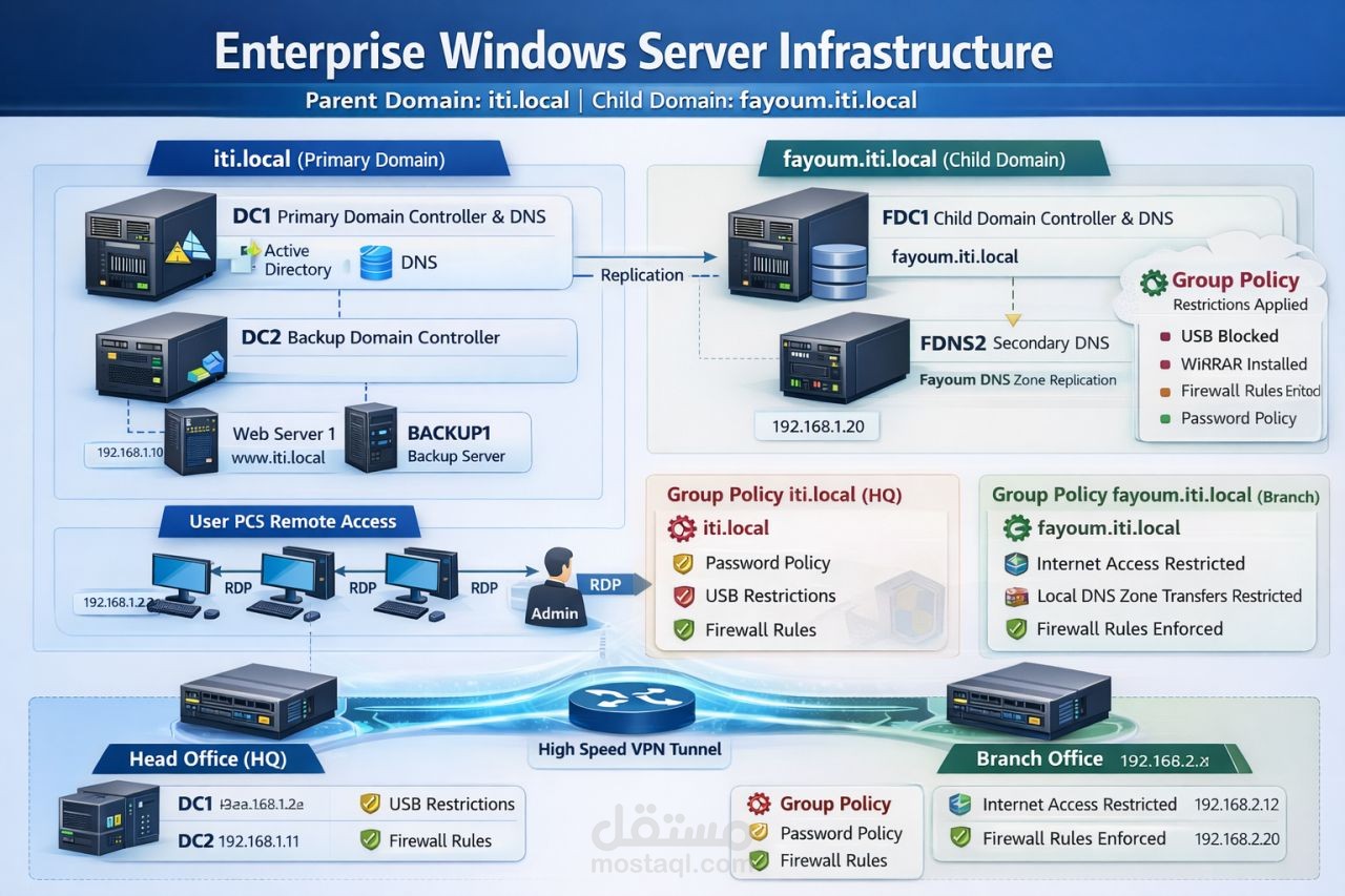 مشروع إعداد بنية تحتية باستخدام Windows Server