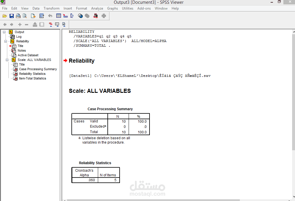 التحليل الاحصائي ببرنامج SPSS  وتحليل الاستبانة ومدى ثباتها واختبار فرضيات الدراسة (الفاكرونباخ لصدق الاستبانة)