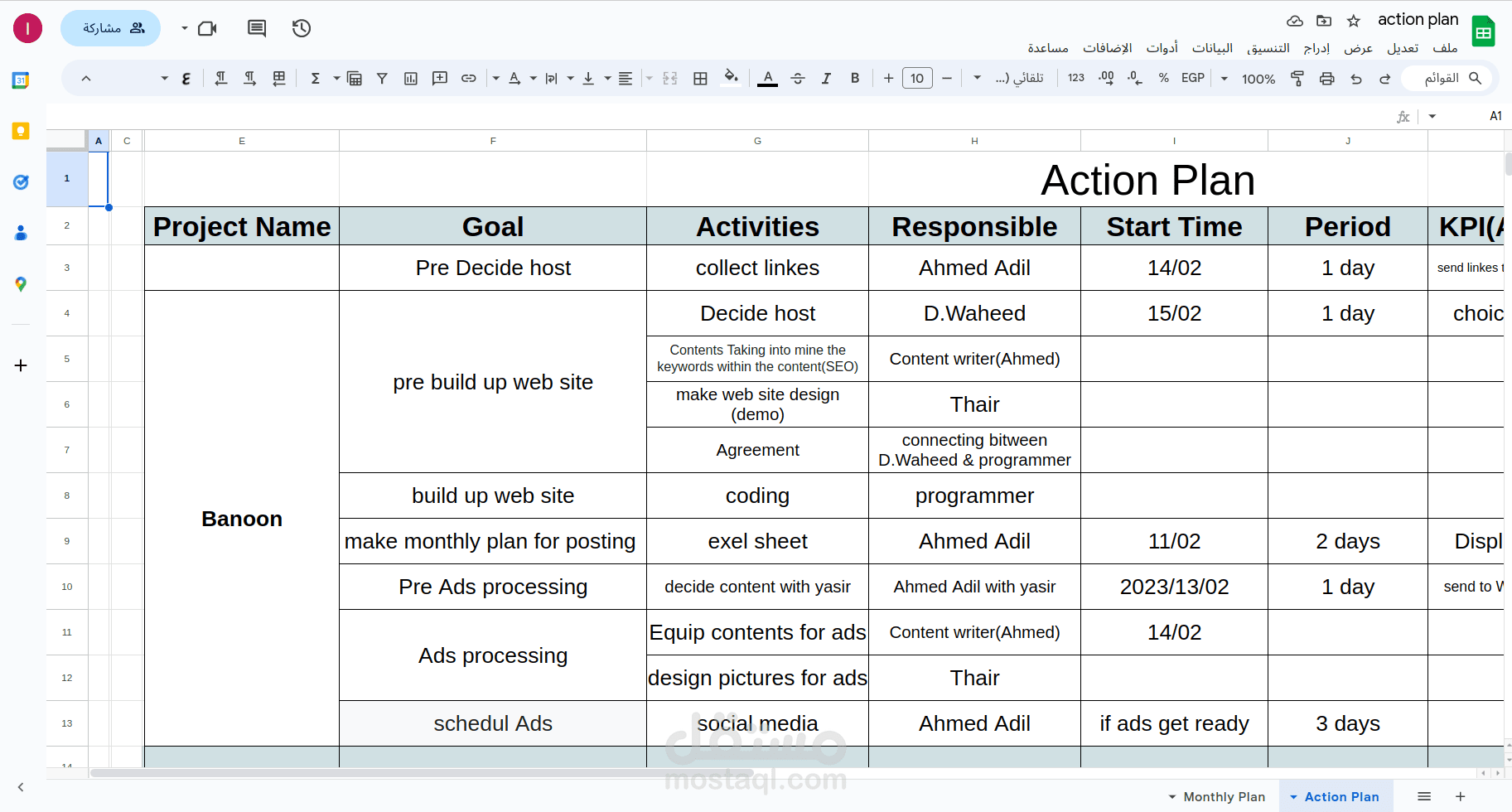 إنشاء خطط عمل إحترافية (Action Plan - Monthly Plan - Budget Plan ) للحملات الممولة و الغير ممولة