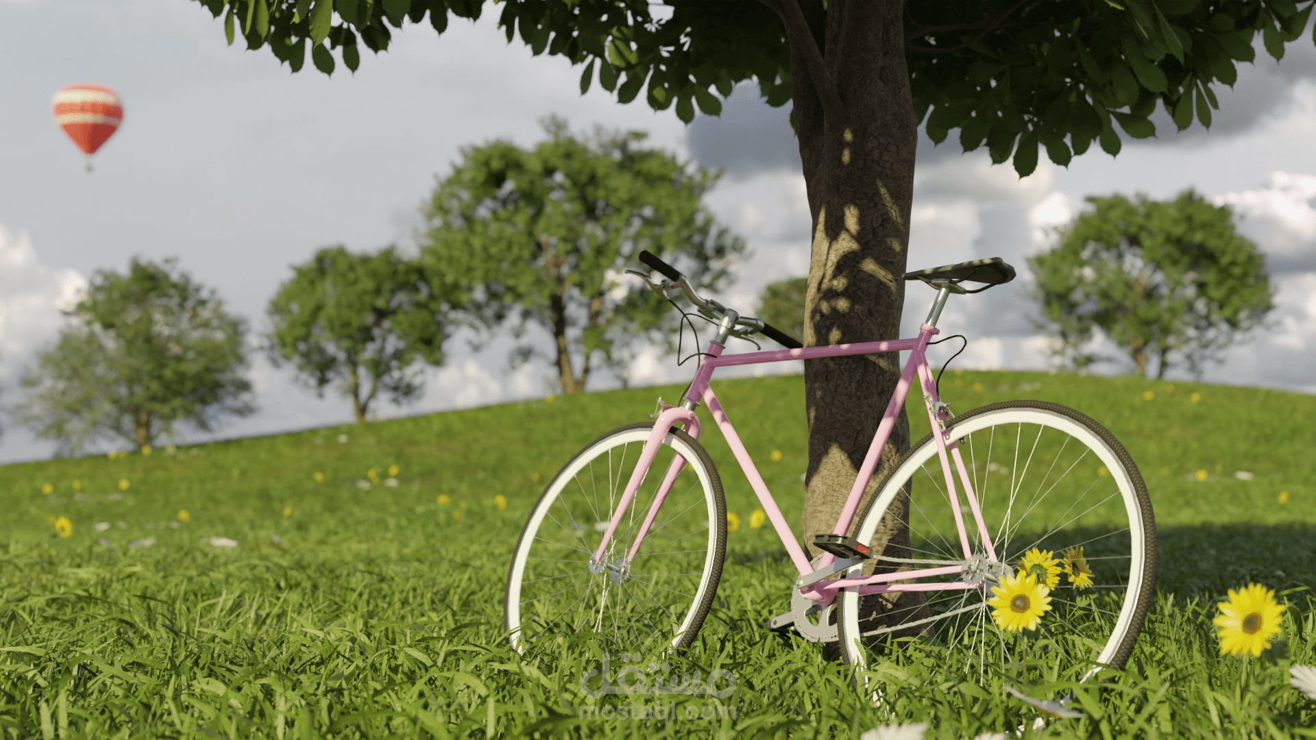 تصميم بيئة طبيعية واقعية ثلاثية الأبعاد مع دراجة