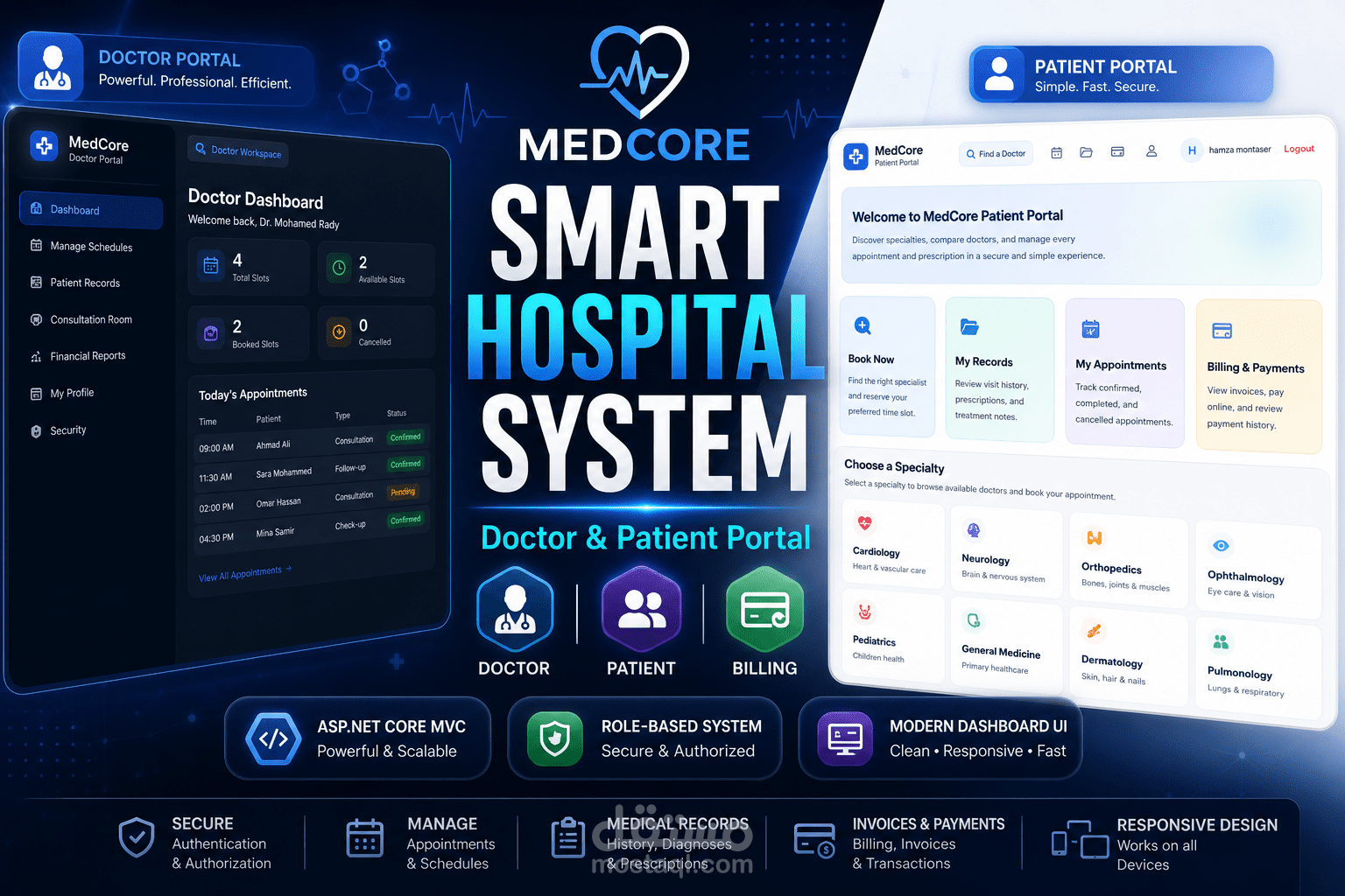 MedCore | Smart Hospital System - نظام إدارة مستشفى ذكي (Doctor & Patient Portal)