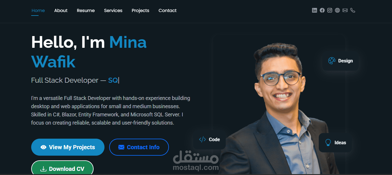 موقع بورترفوليو شخصي لمطور Full Stack باستخدام ASP.NET