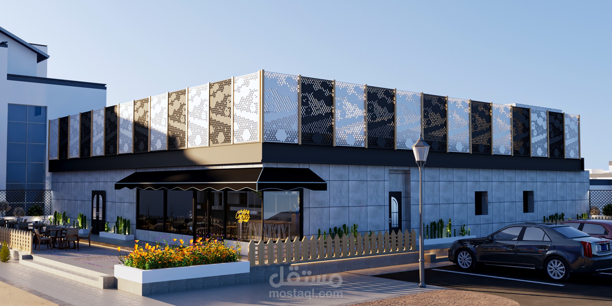 تصميم خارجي لكافيتيريا في المملكة العربية السعودية