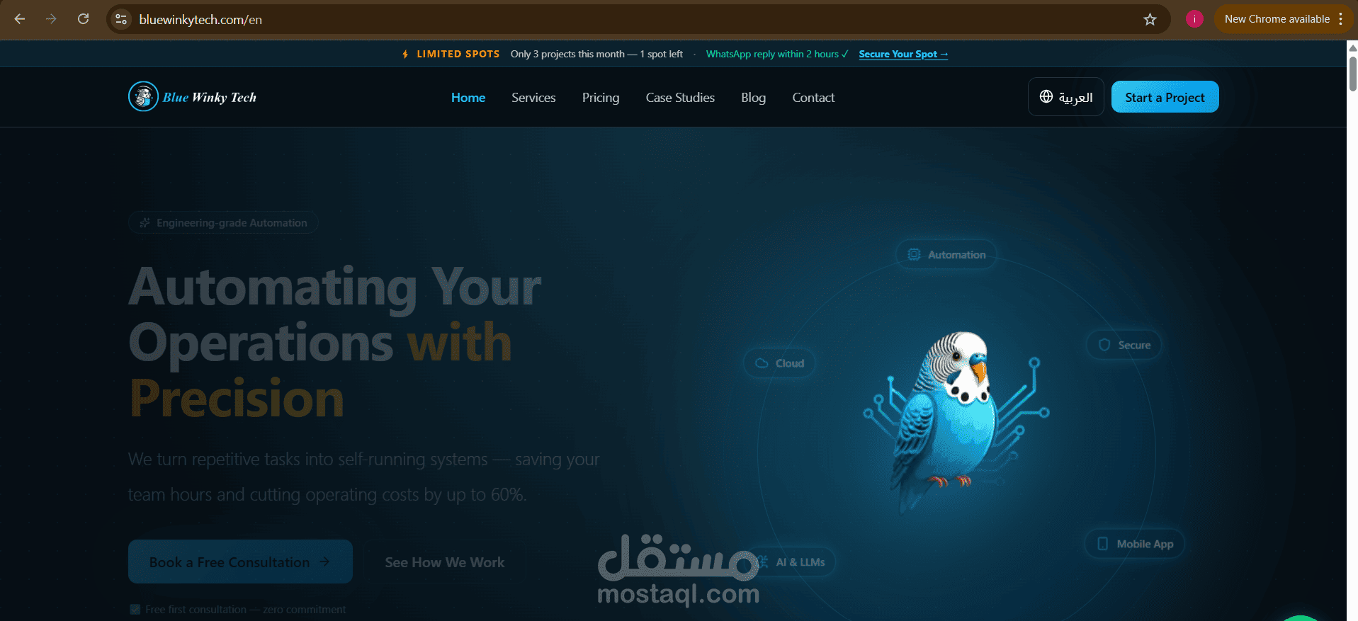 تصميم وتطوير الموقع التعريفي لشركة "Blue Winky Tech" | Laravel & Modern UI/UX