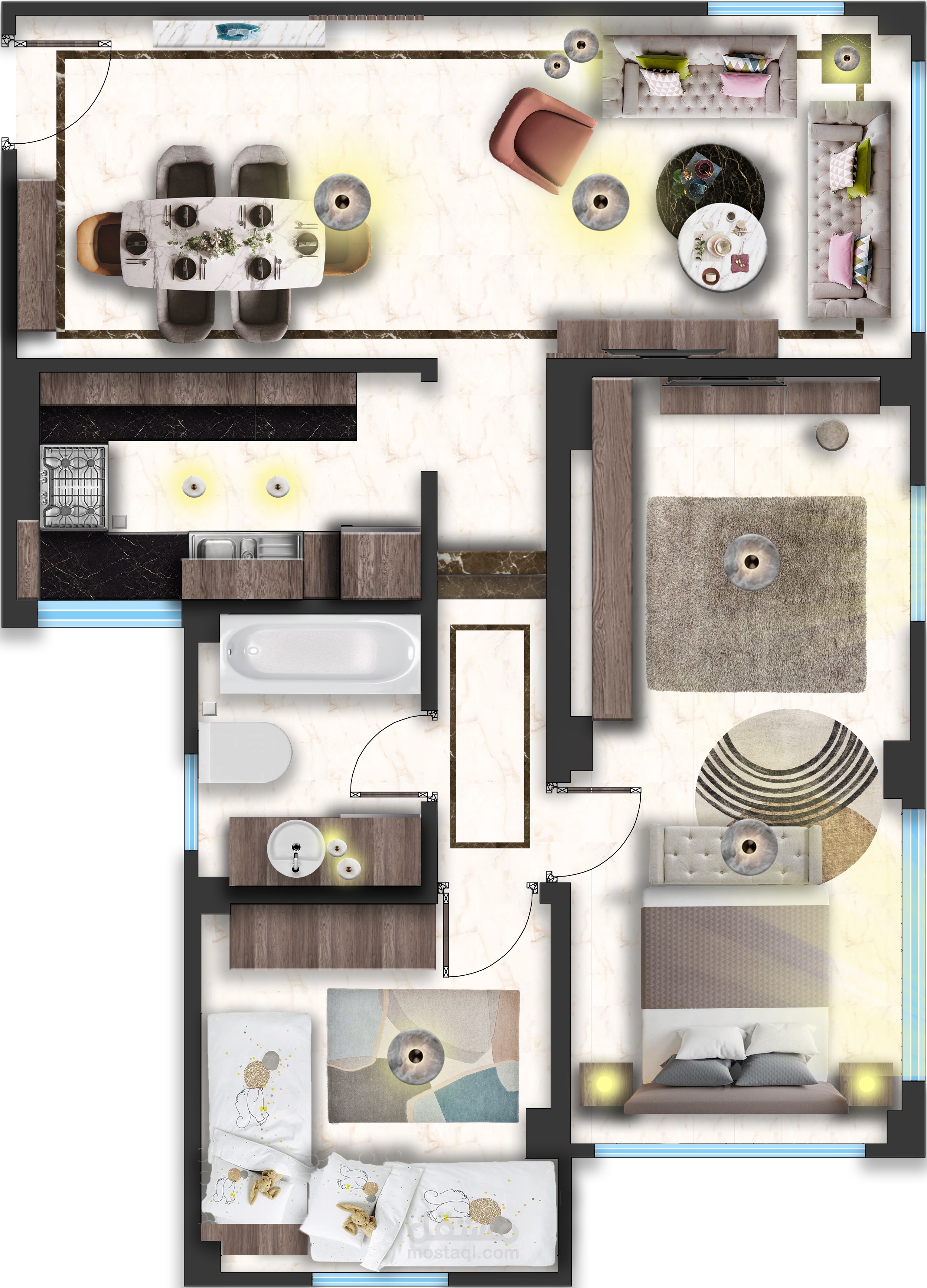 رسم مخطط لشقه سكنيه و فرش الاثاث بإستخدام برنامج الاوتوكاد و الفوتوشوب