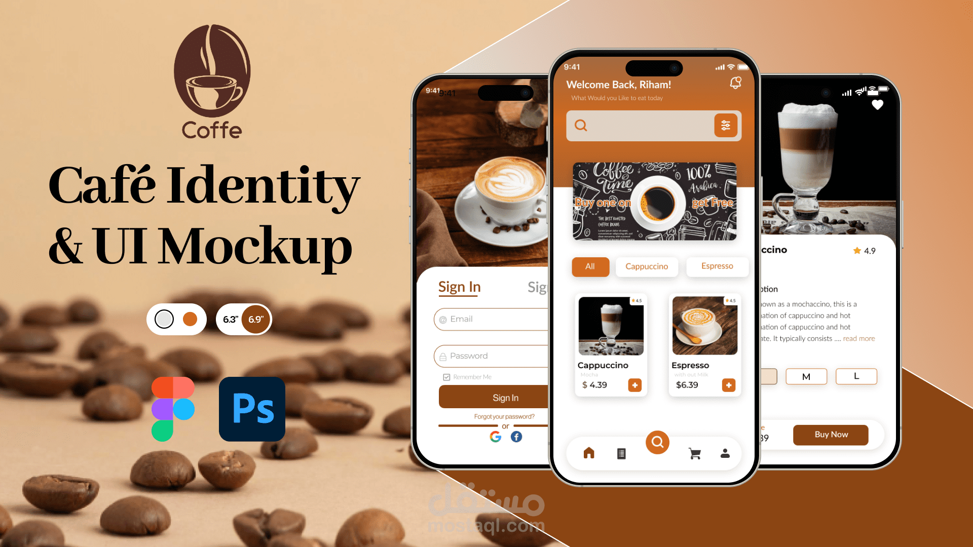 تصميم واجهات تطبيق مقهى احترافي وهوية بصرية متكاملة (UI/UX & Branding)