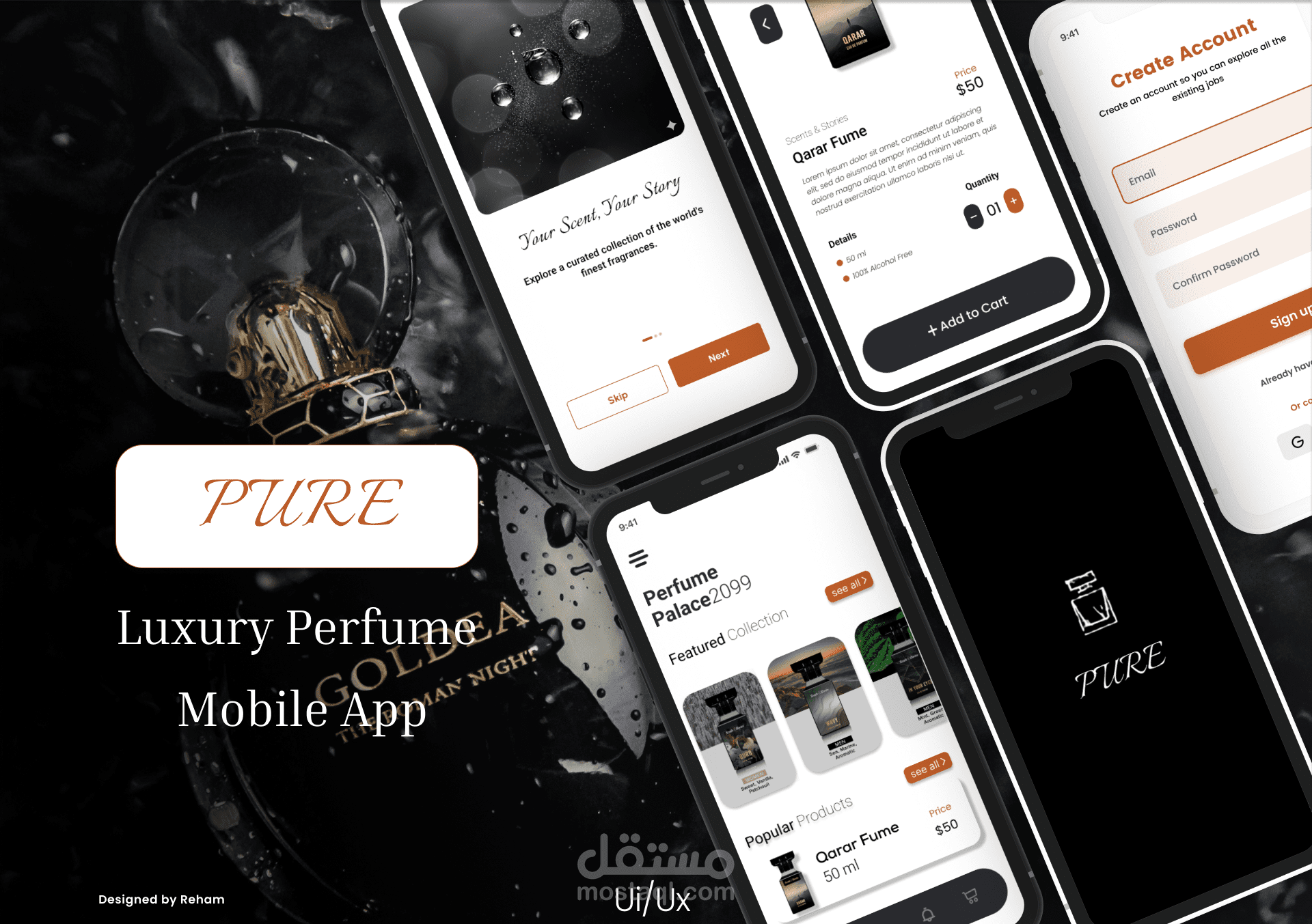 تصميم متجر عطور إلكتروني فاخر – Pure Perfume Store UI/UX