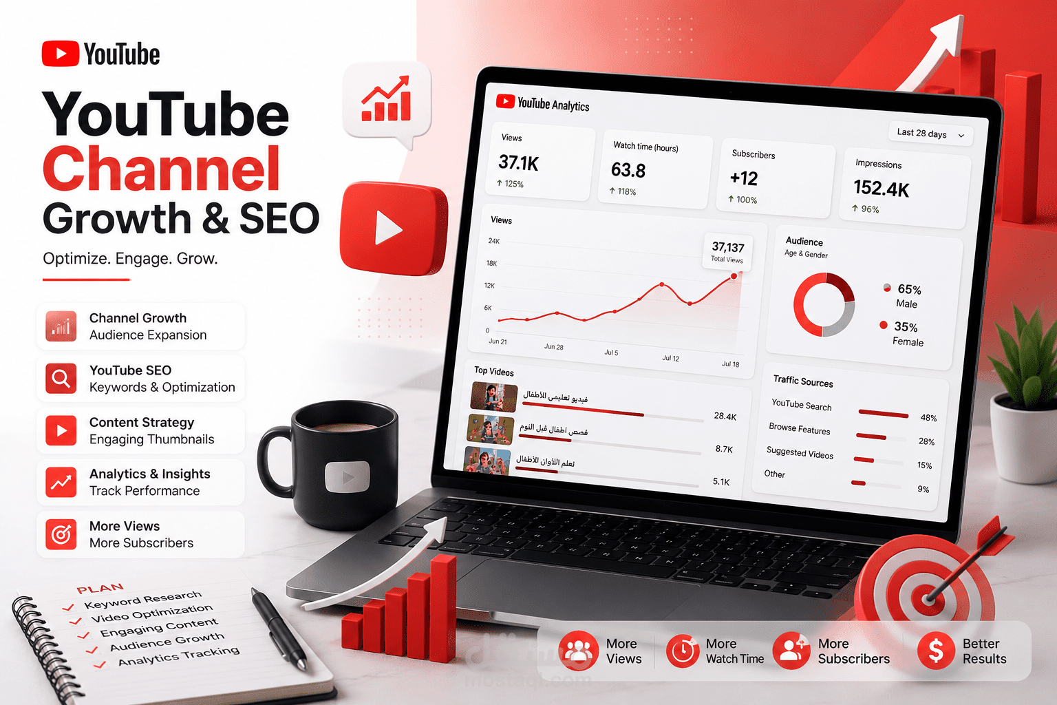 إدارة وتحسين قناة يوتيوب وتحليل الأداء (YouTube Analytics)