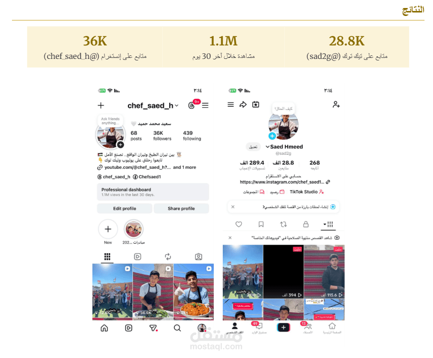 إدارة حساب سوشيال ميديا لصانع محتوى طبخ (إنستغرام وتيك توك)