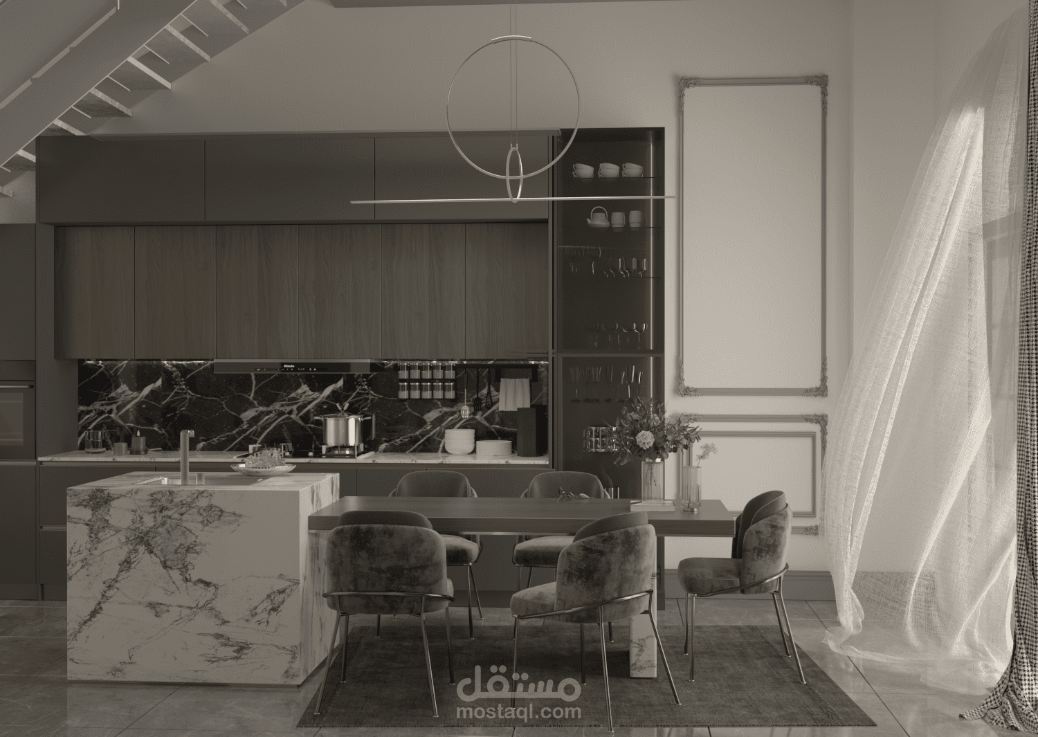 تصميم لفراغ طعام ومطبخ