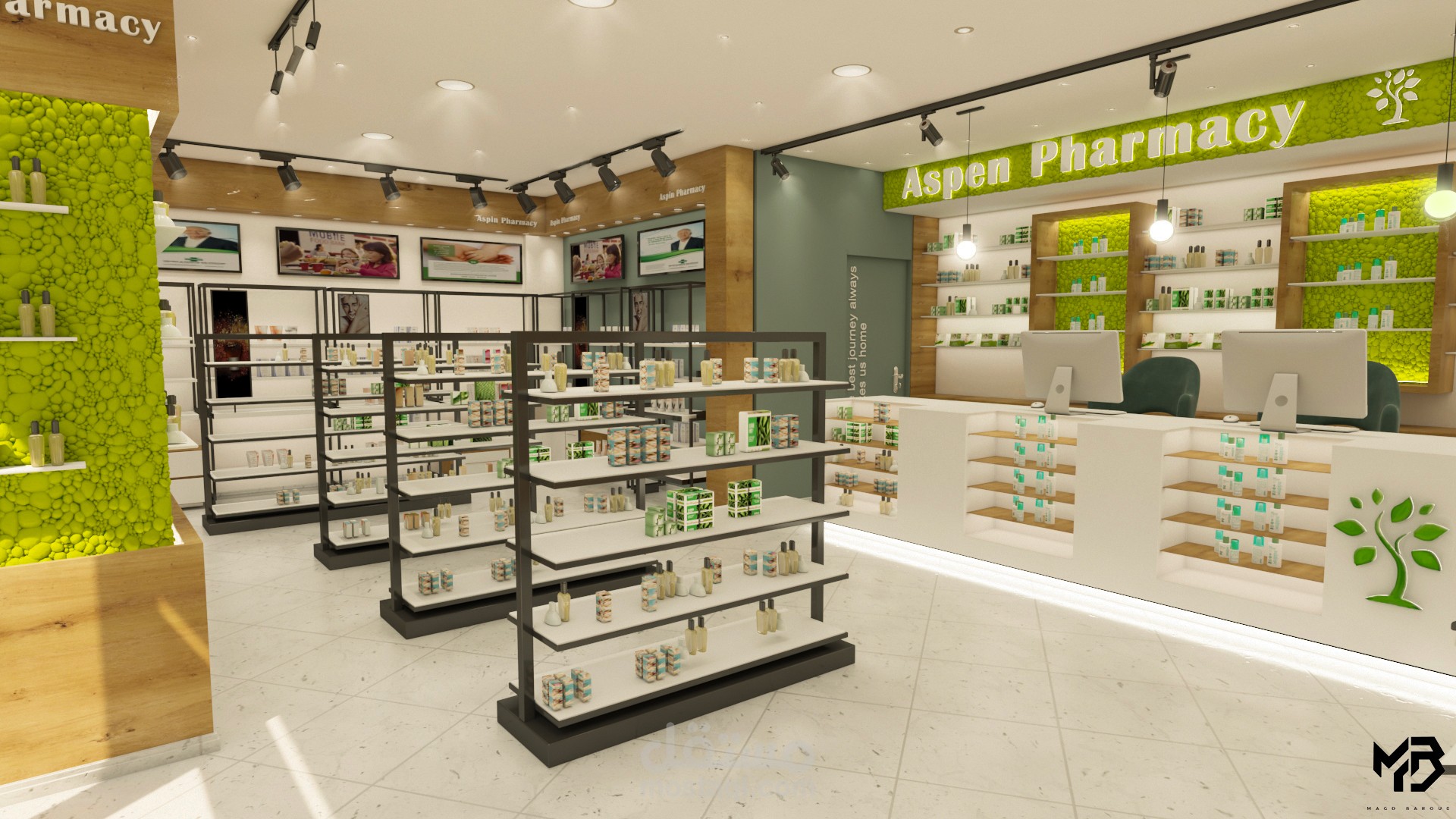 صيدلية أسبن تصميم كامل داخلي في دبي + صيدلية في المملكة العربية السعودية