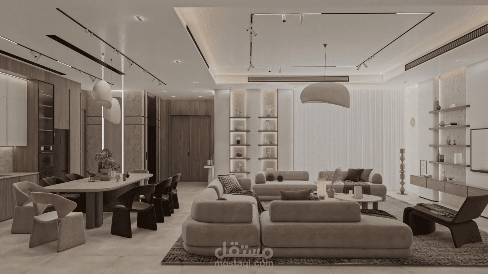 غرفة معيشة مع مطبخ ومنطقة لعب للأطفال داخلية بمساحة مفتوحة في المملكة العربية السعودية