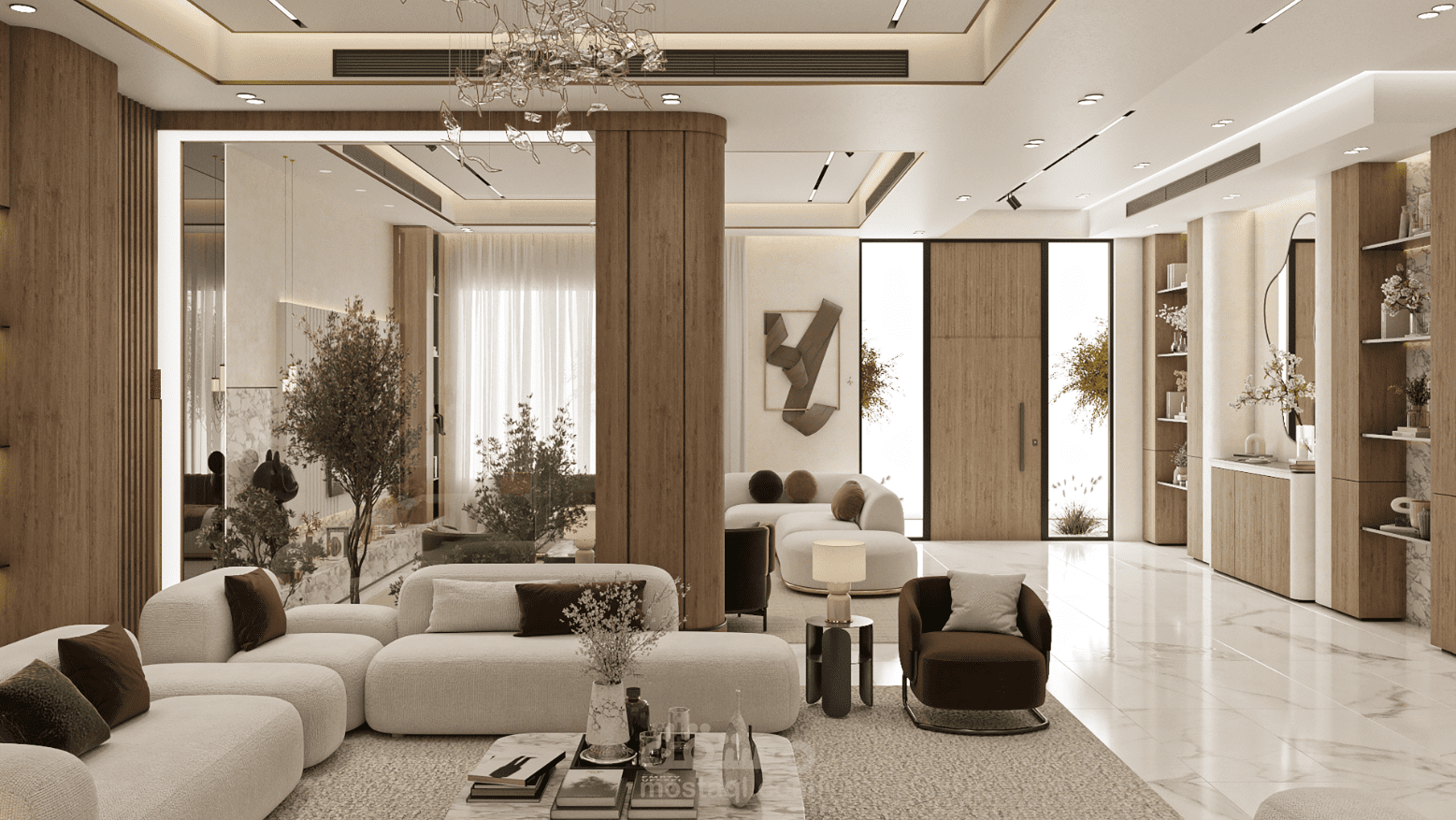 تصميم ركنين معيشة مع مطبخ ومصعد في المملكة العربية السعودية الرياض