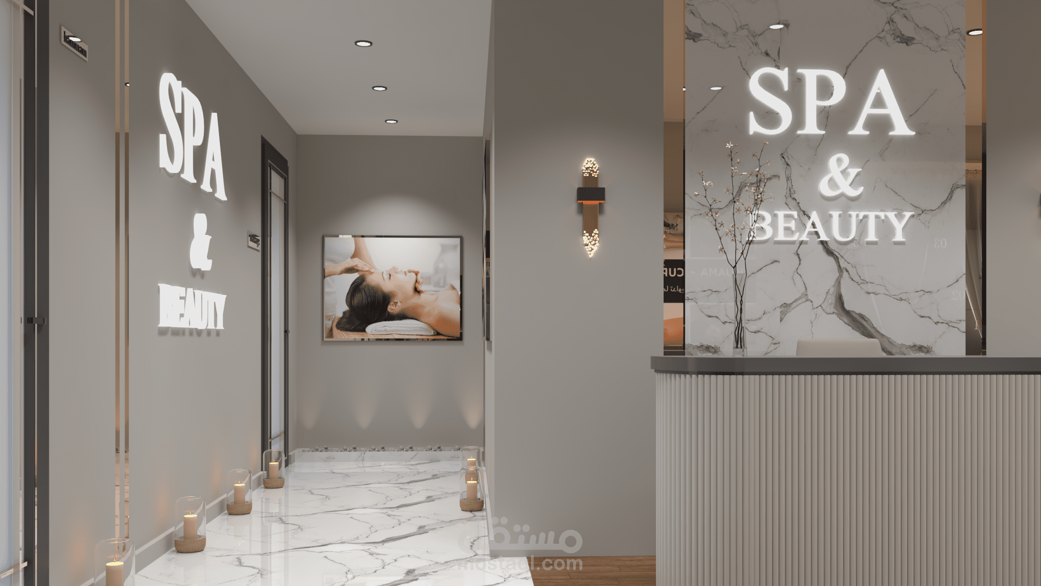 تصميم ثلاثي الأبعاد فاخر لمنتجع صحي وحمام | رؤية واقعية مع لمسات معمارية عصرية