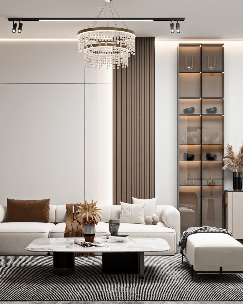 تصميم داخلي وإظهار معماري لـ ريسيبشن ومساحة معيشة مودرن لوكشري