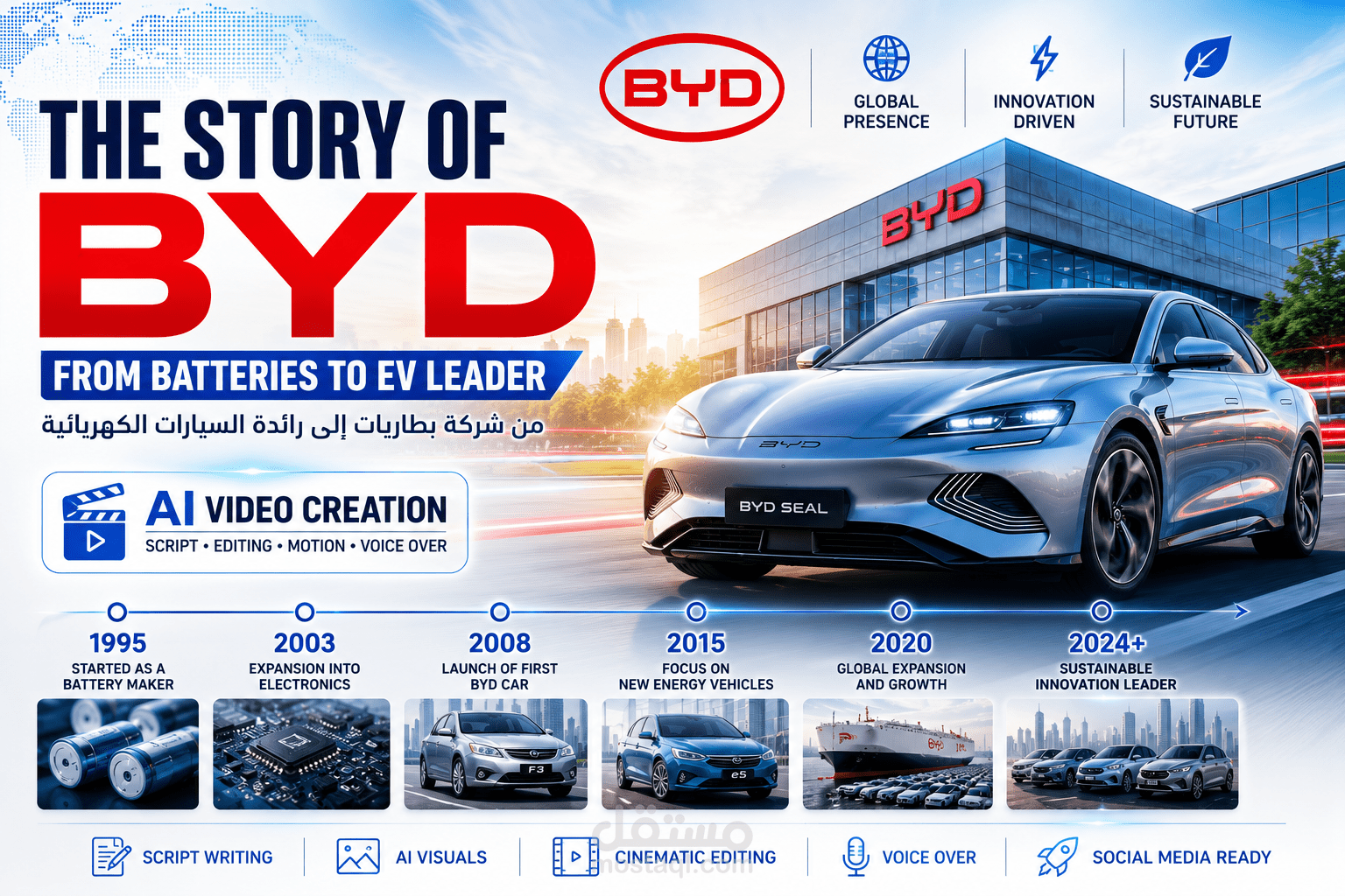 فيديو بالذكاء الاصطناعي عن تاريخ شركة BYD وتحولها إلى رائدة السيارات الكهربائية