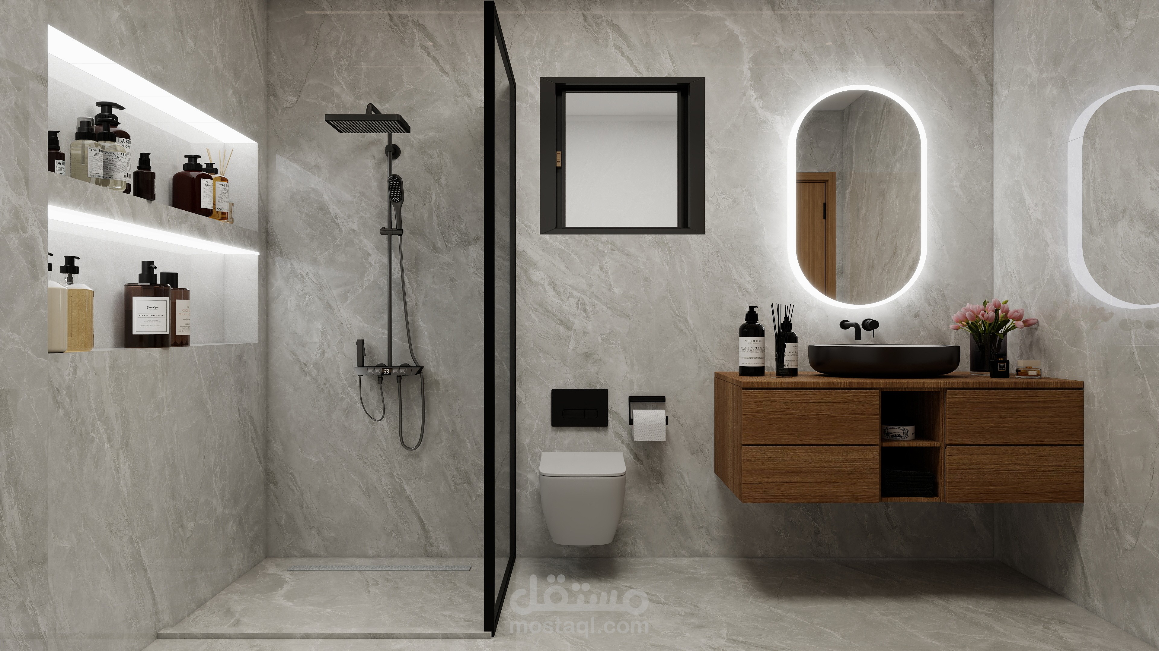 تصميم حمام Contemporary Luxury بإضاءة مخفية وخامات راقية