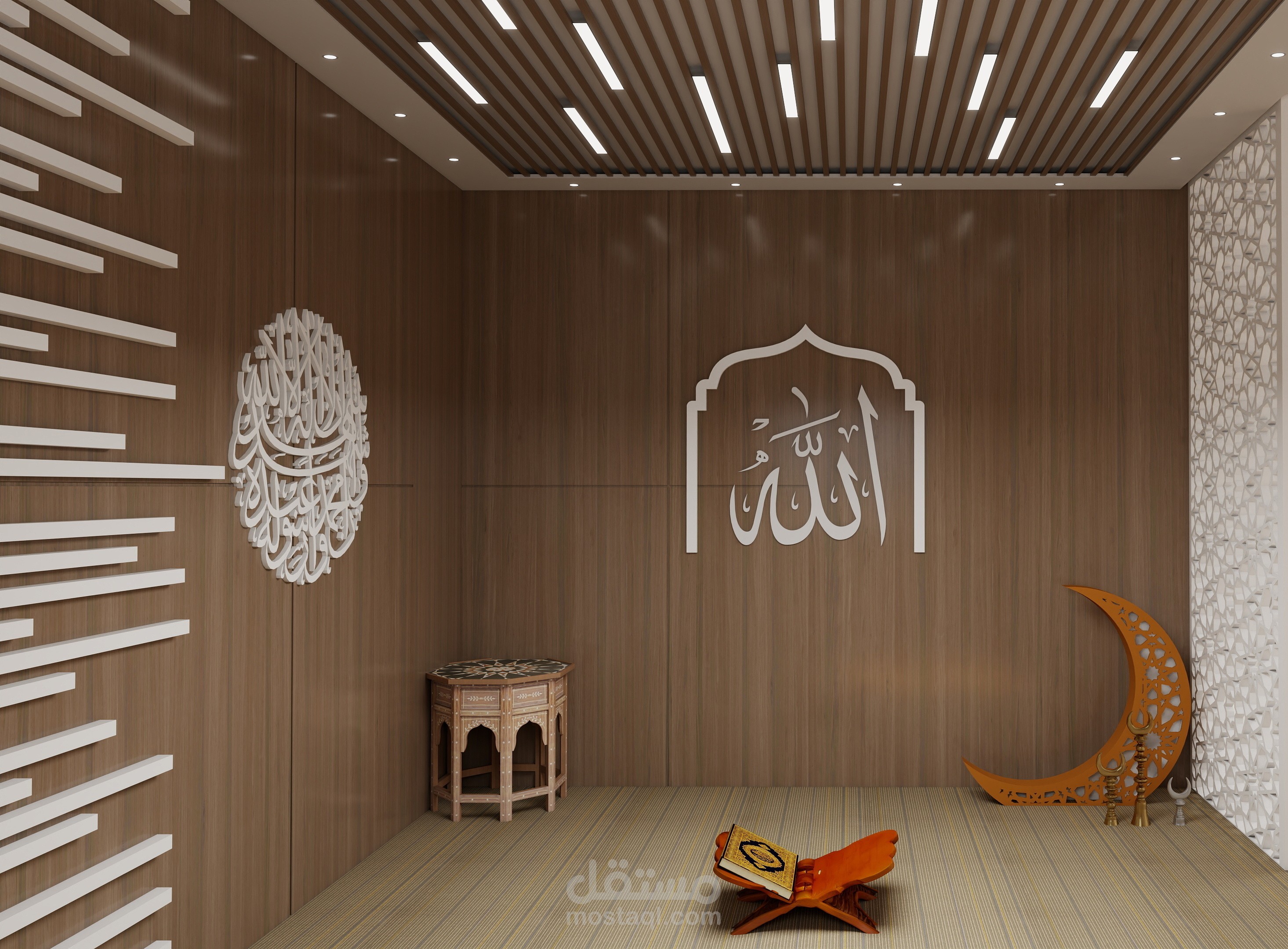 تصميم مصلى داخلي فاخر بلمسات إسلامية عصرية وإضاءة هادئة