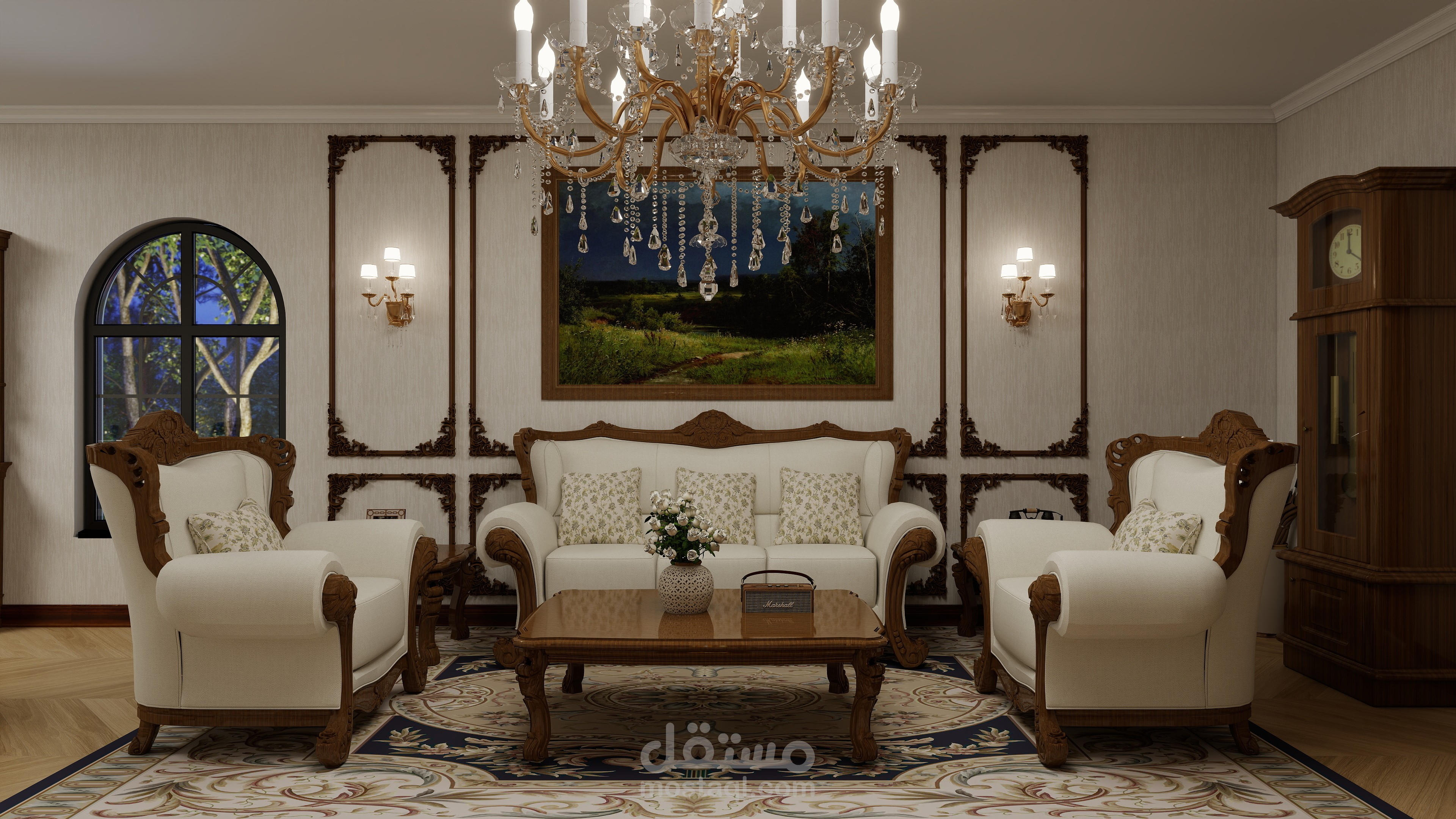 تصميم مجلس كلاسيكي فاخر مع غرفة طعام بإطلالة ملكية راقية