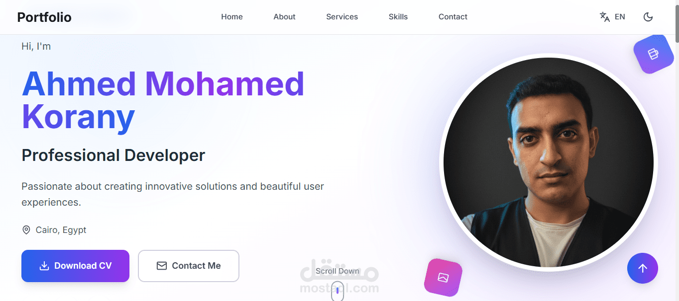 تصميم وتطوير موقع بورتفوليو شخصي احترافي باستخدام React.js وTailwind CSS