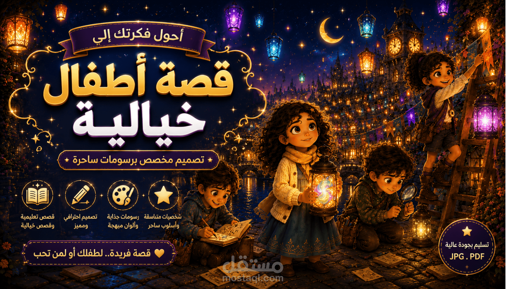 نور والفوانيس المتوهجة | تصميم قصة أطفال بأسلوب سينمائي خيالي