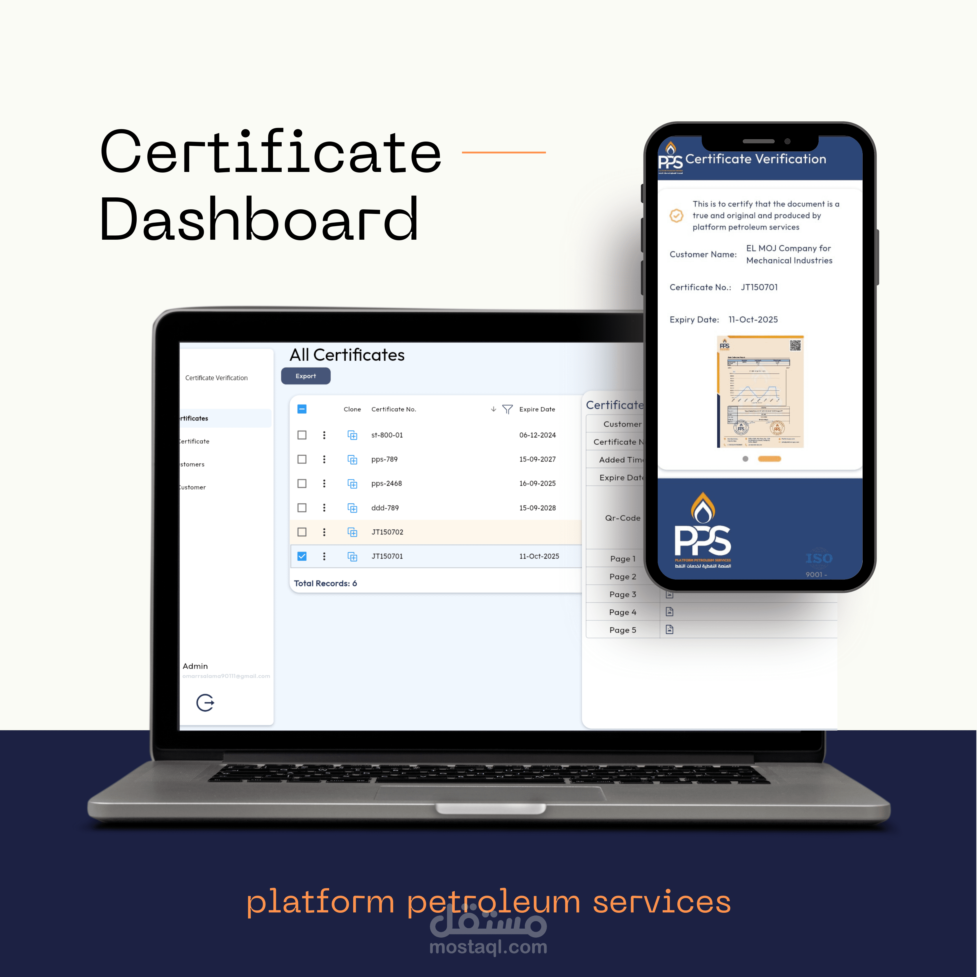 داش بورد لميكنة الشهادات لشركة  platform petroleum services