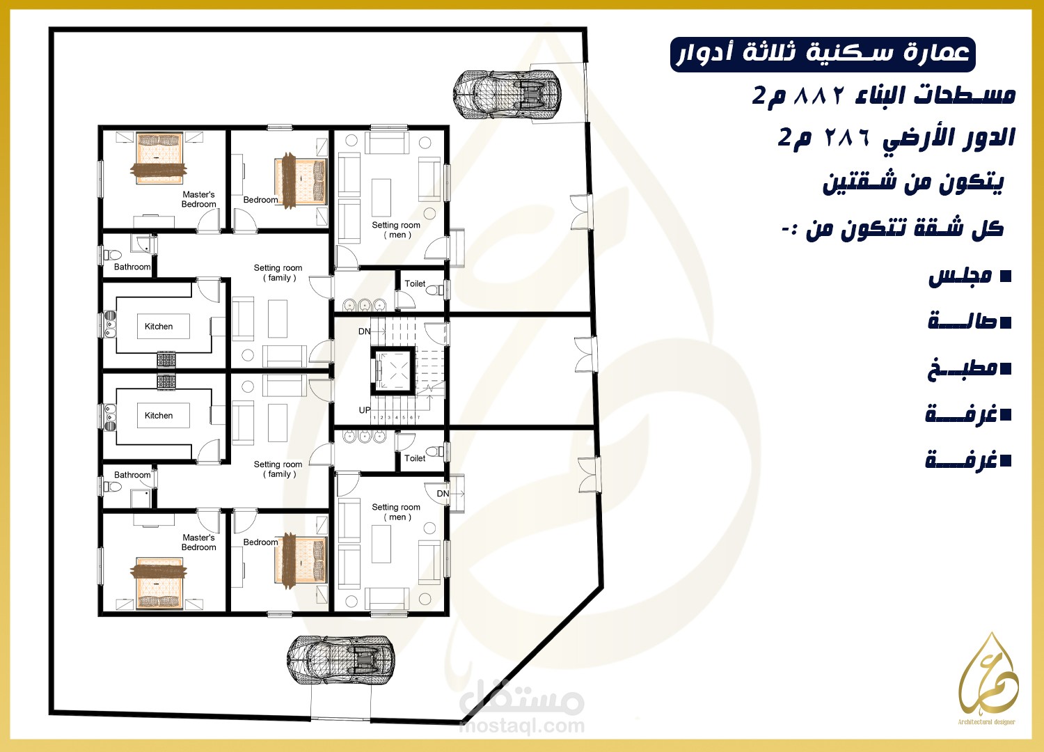 تصميم معماري لعمارة سكنية ثلاثة أدوار بالمملكة العربية السعودية