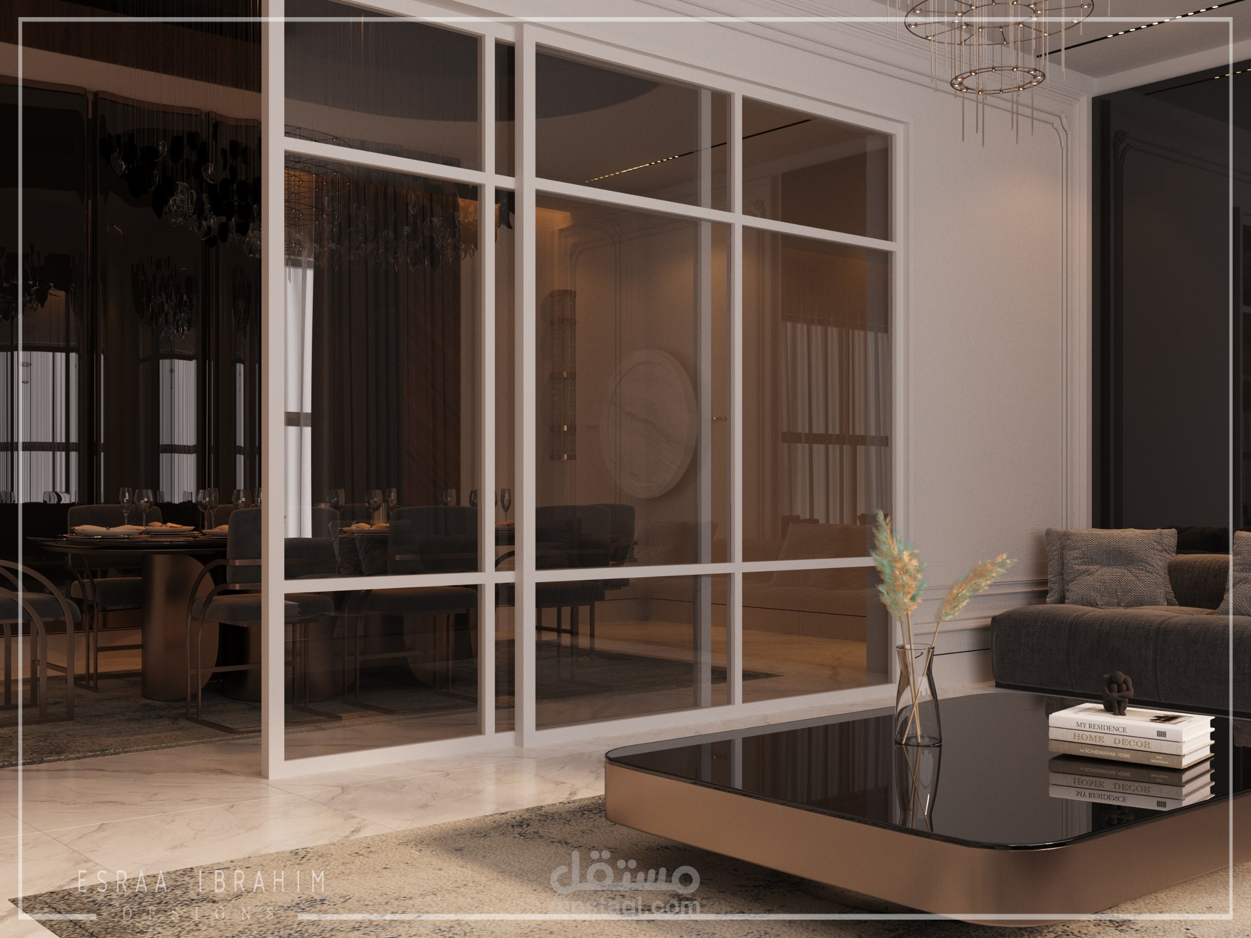 تصميم داخلي فاخر لغرفة معيشة وسفرة بنمط معاصر
