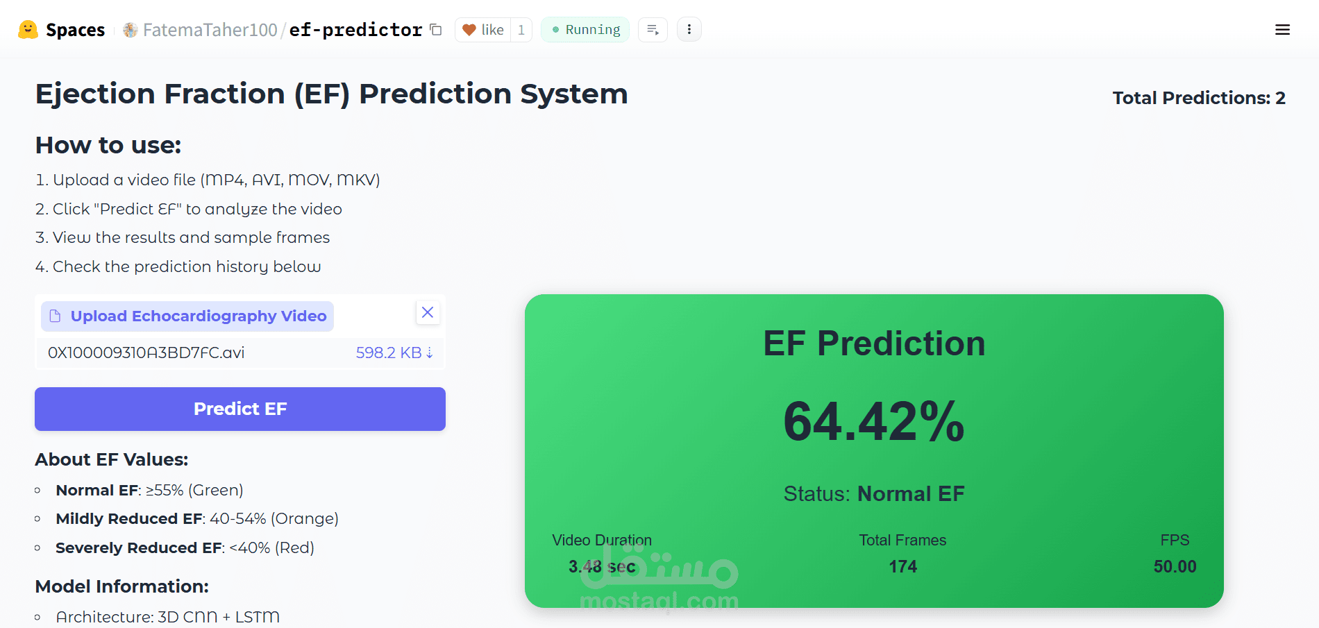 نظام ذكي للتنبؤ بكفاءة ضخ القلب  (EF) من فيديوهات الإيكو باستخدام  Deep Learning