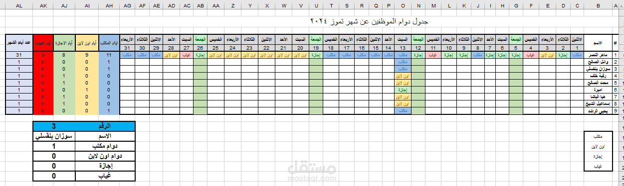 اعداد جدول دوام الموظفين في الاكسل