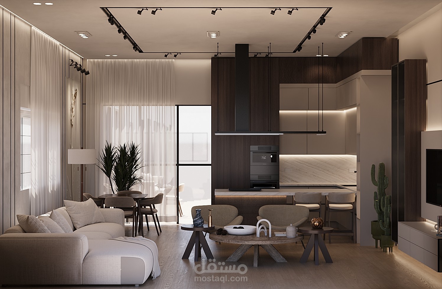 تصميم ملحق يتضمن غرفة معيشة مع مطبخ صغير بطراز Minimalist