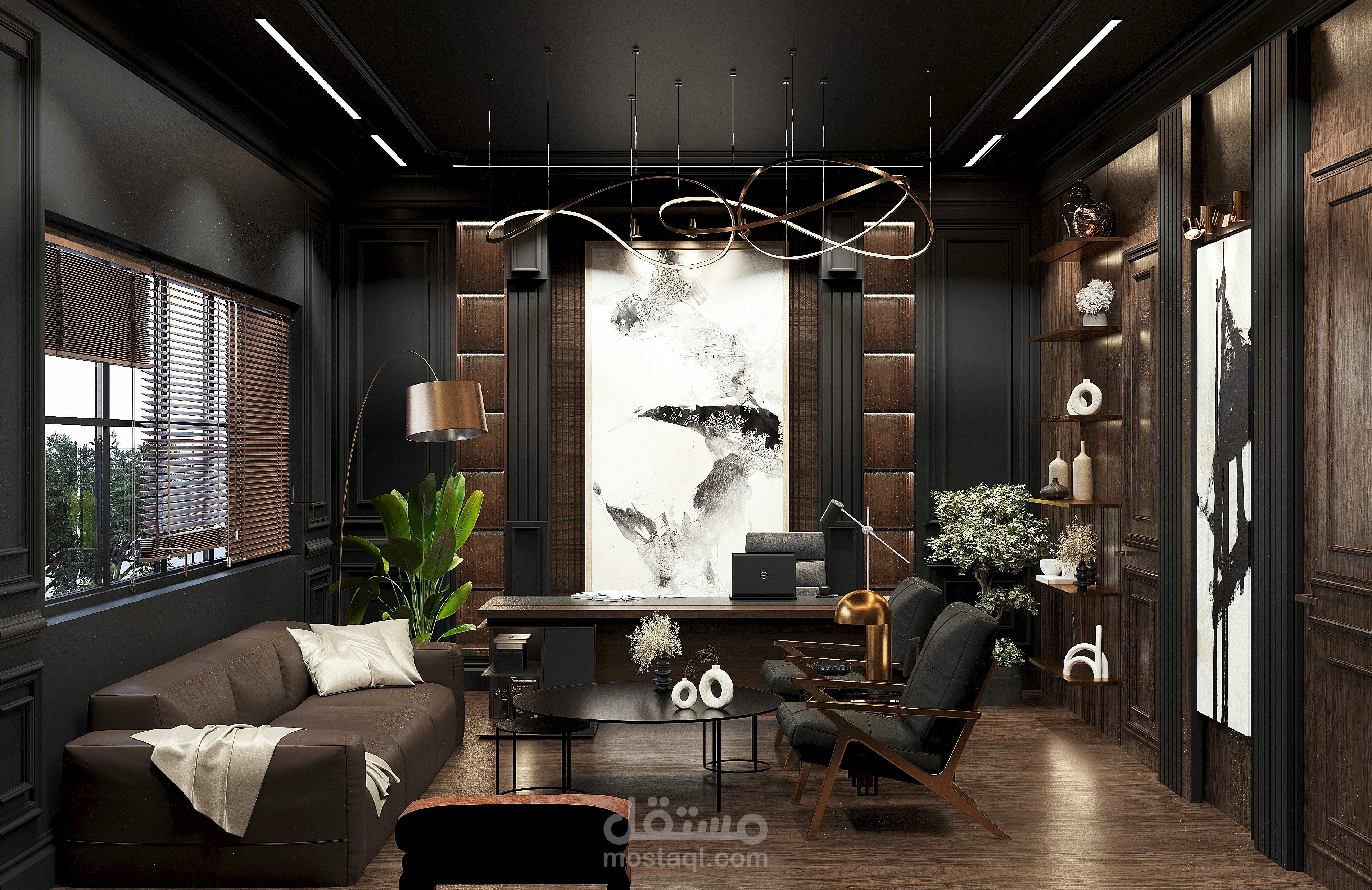 تصميم مميز لمكتب بألوان داكنة بطراز Cigar Lounge