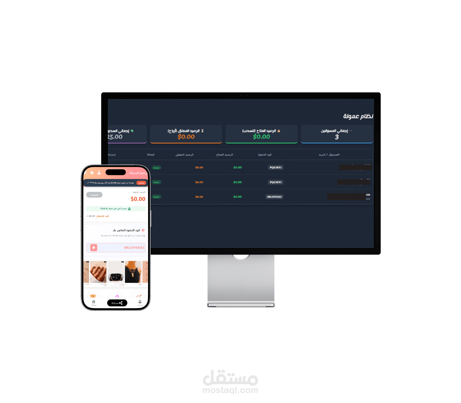 موقع التسويق بالعمولة بلوحة تحكم مخصصة