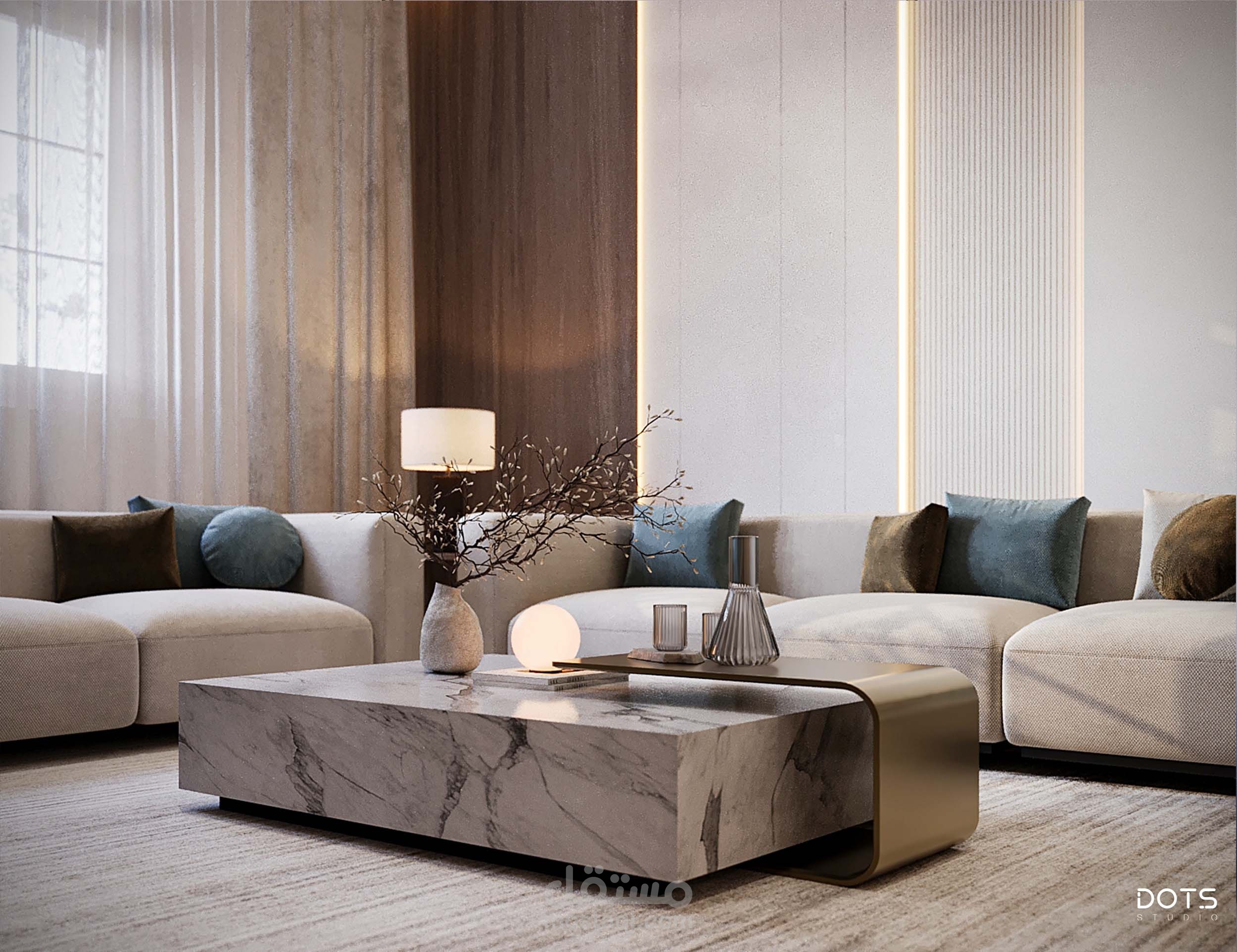 تصميم داخلى لفراغ معيشة و مطبخ
