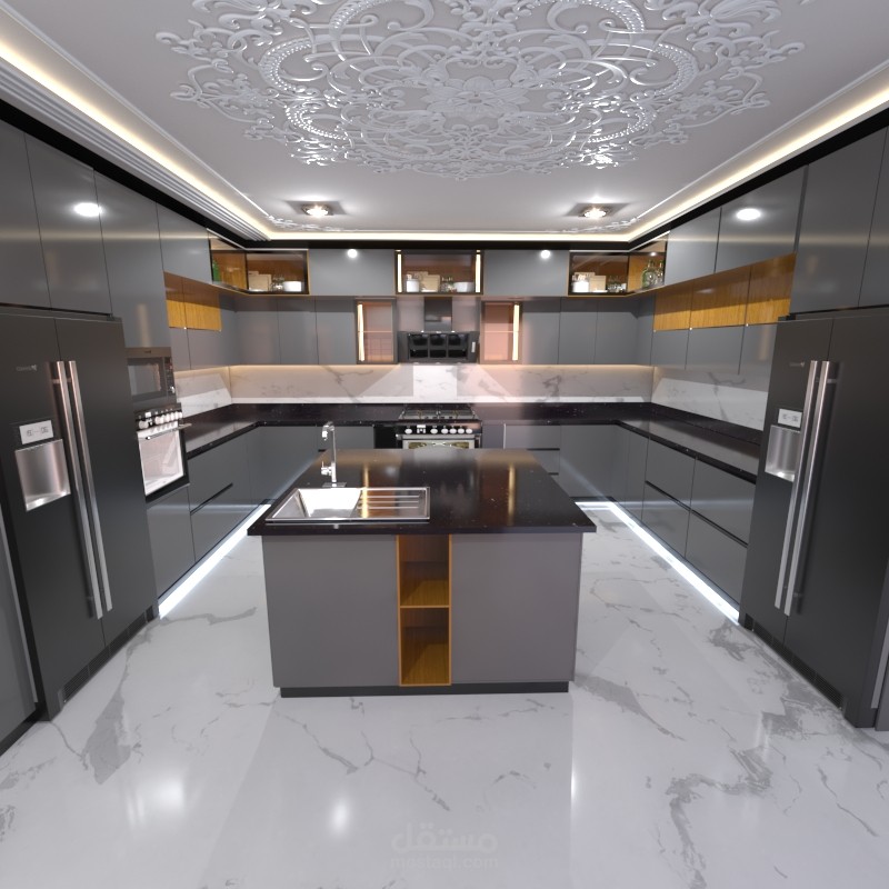 مطبخ كبير وجميل بتصميم جزيرة 360 درجة لمساحة مفتوحة وعملية