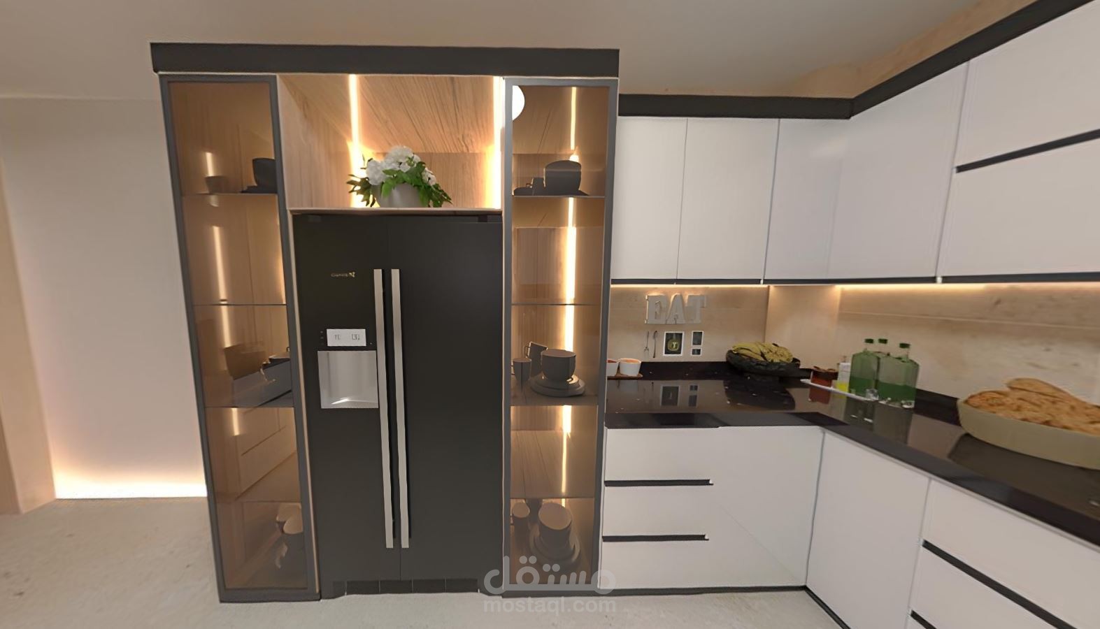 تصميم مطبخ حرف u لون ابيض رخام اسود جالكسي