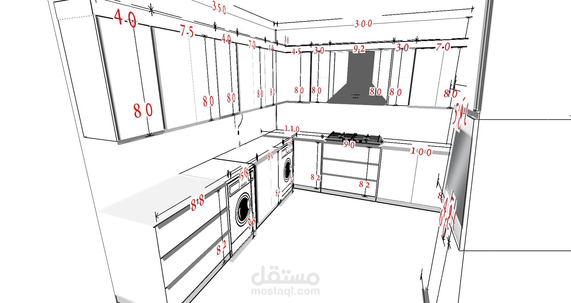 مجموعة من التصميمات ثنائية الأبعاد (2D) لمطابخ ودريسينج، توضح التفاصيل الهندسية